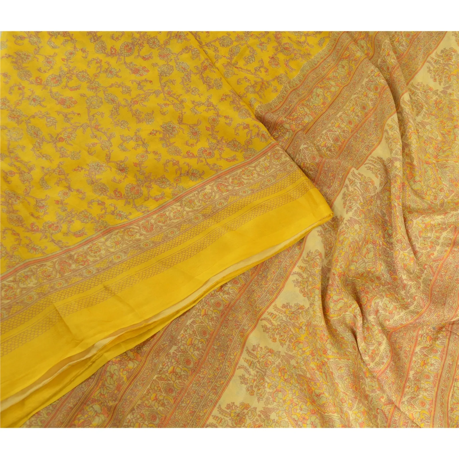 Sanskriti Vintage Sarees From India Yellow Pure Silk Printed Sari Craft Fabric