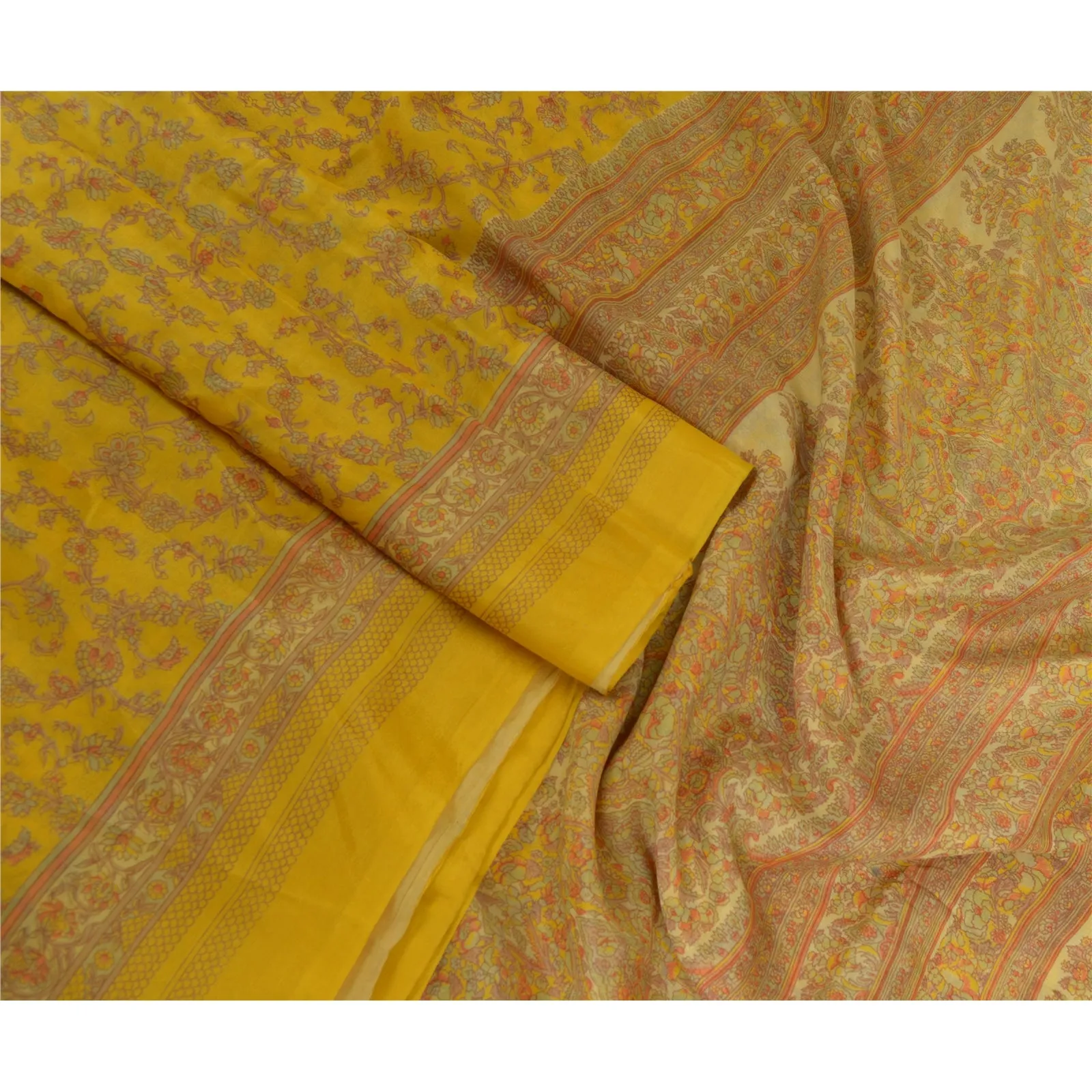 Sanskriti Vintage Sarees From India Yellow Pure Silk Printed Sari Craft Fabric