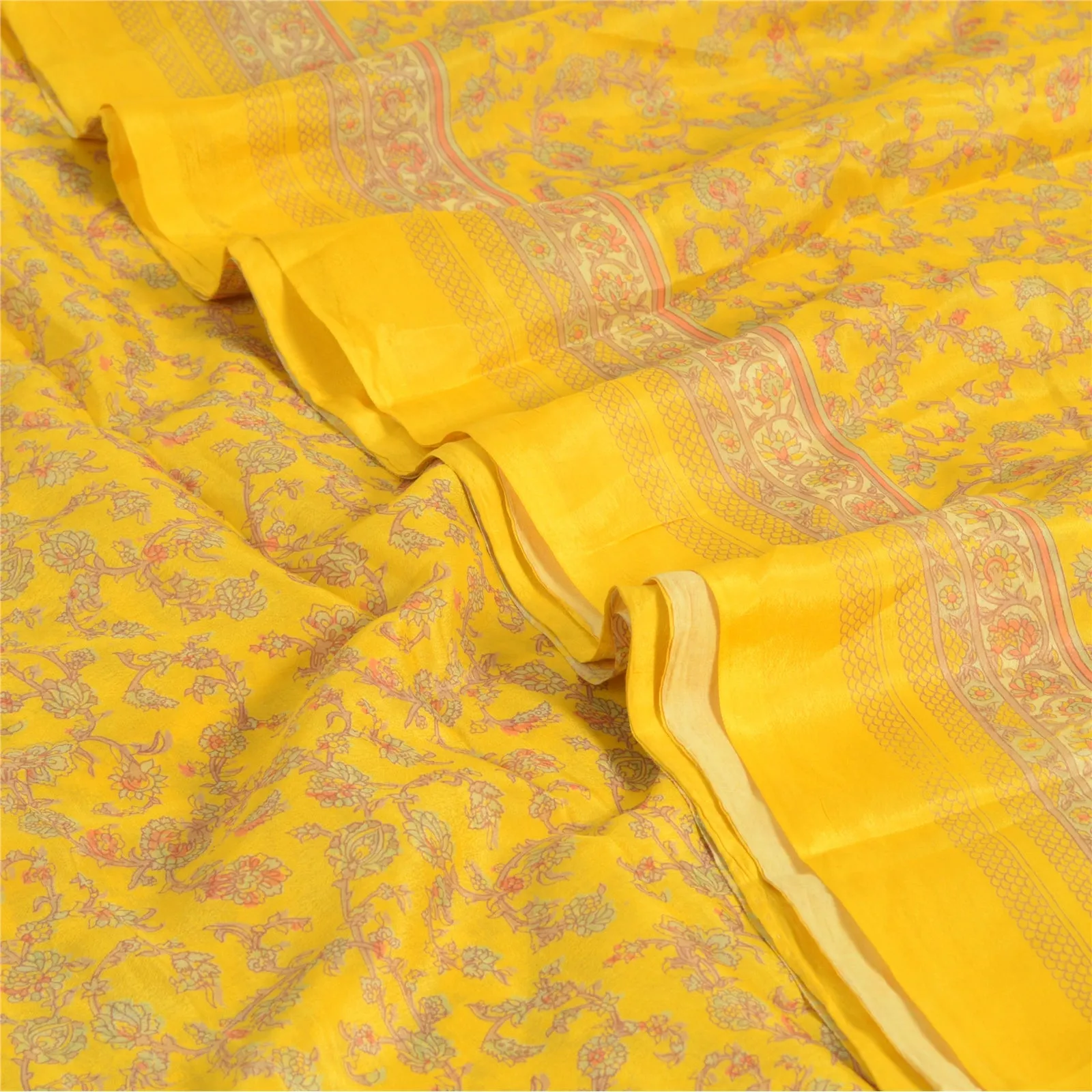 Sanskriti Vintage Sarees From India Yellow Pure Silk Printed Sari Craft Fabric