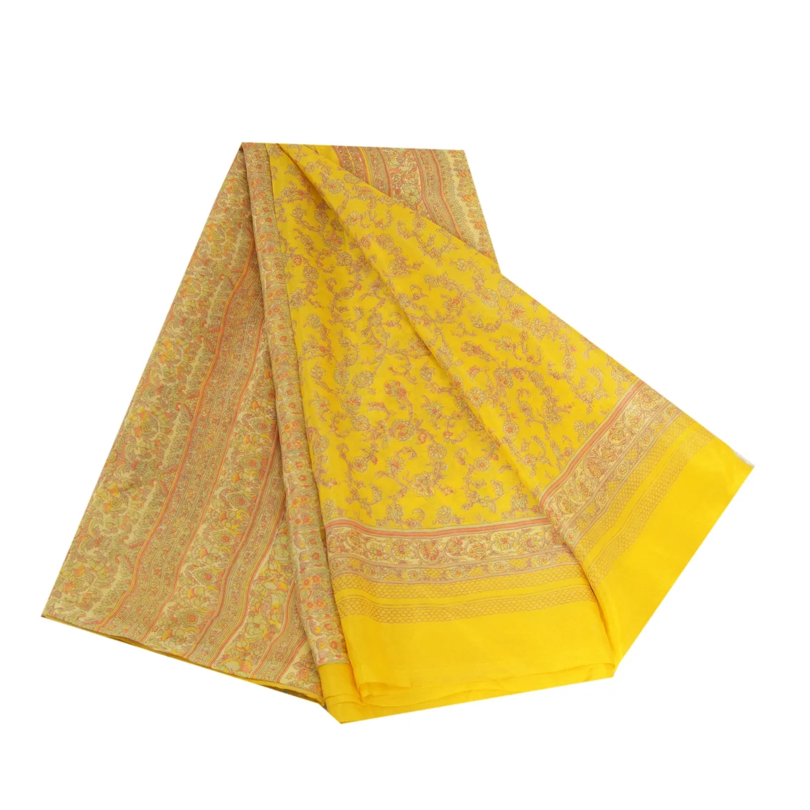 Sanskriti Vintage Sarees From India Yellow Pure Silk Printed Sari Craft Fabric