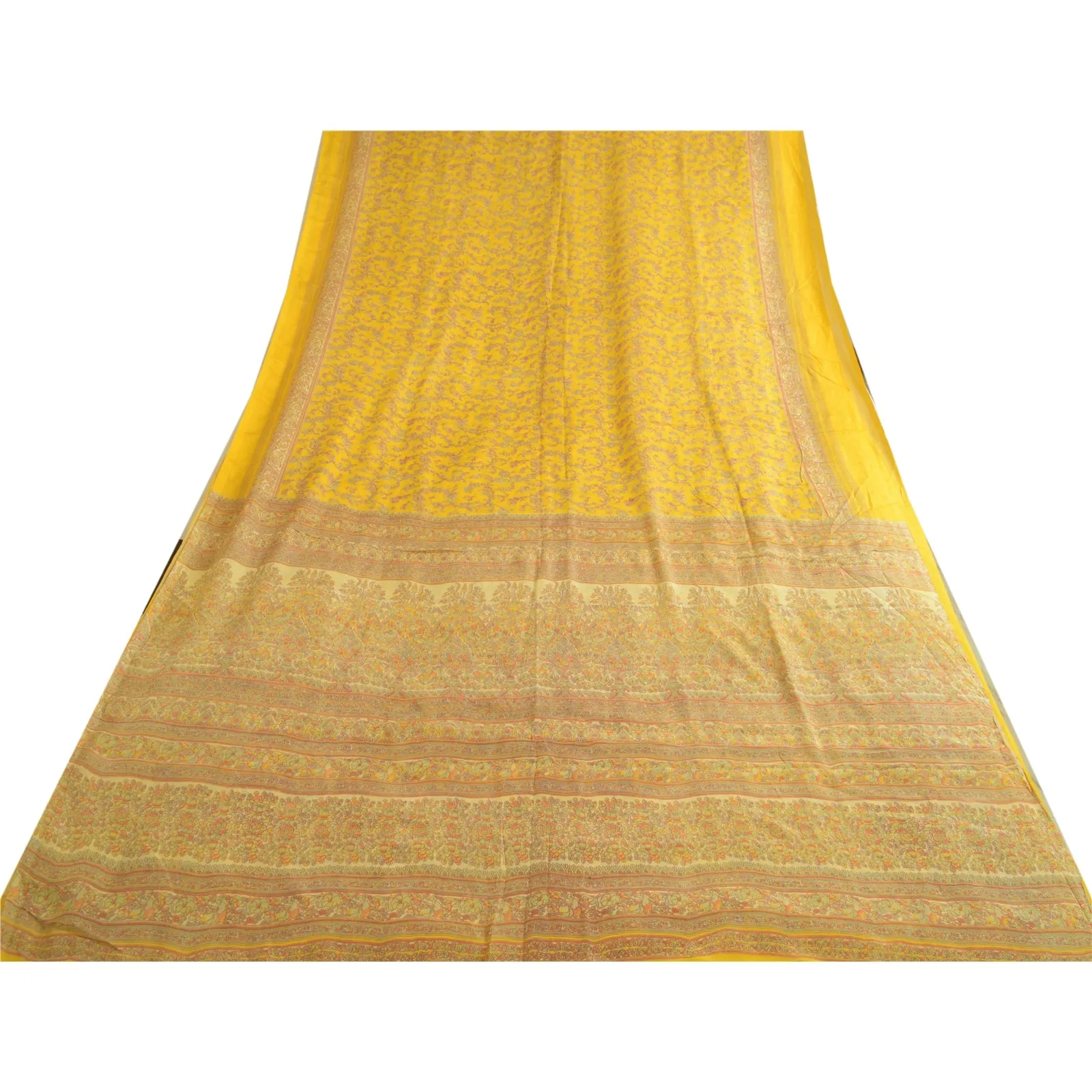 Sanskriti Vintage Sarees From India Yellow Pure Silk Printed Sari Craft Fabric