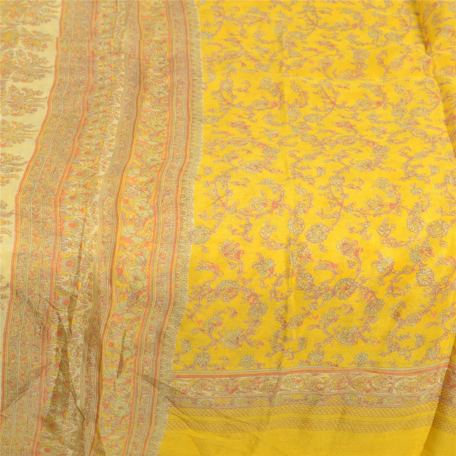 Sanskriti Vintage Sarees From India Yellow Pure Silk Printed Sari Craft Fabric