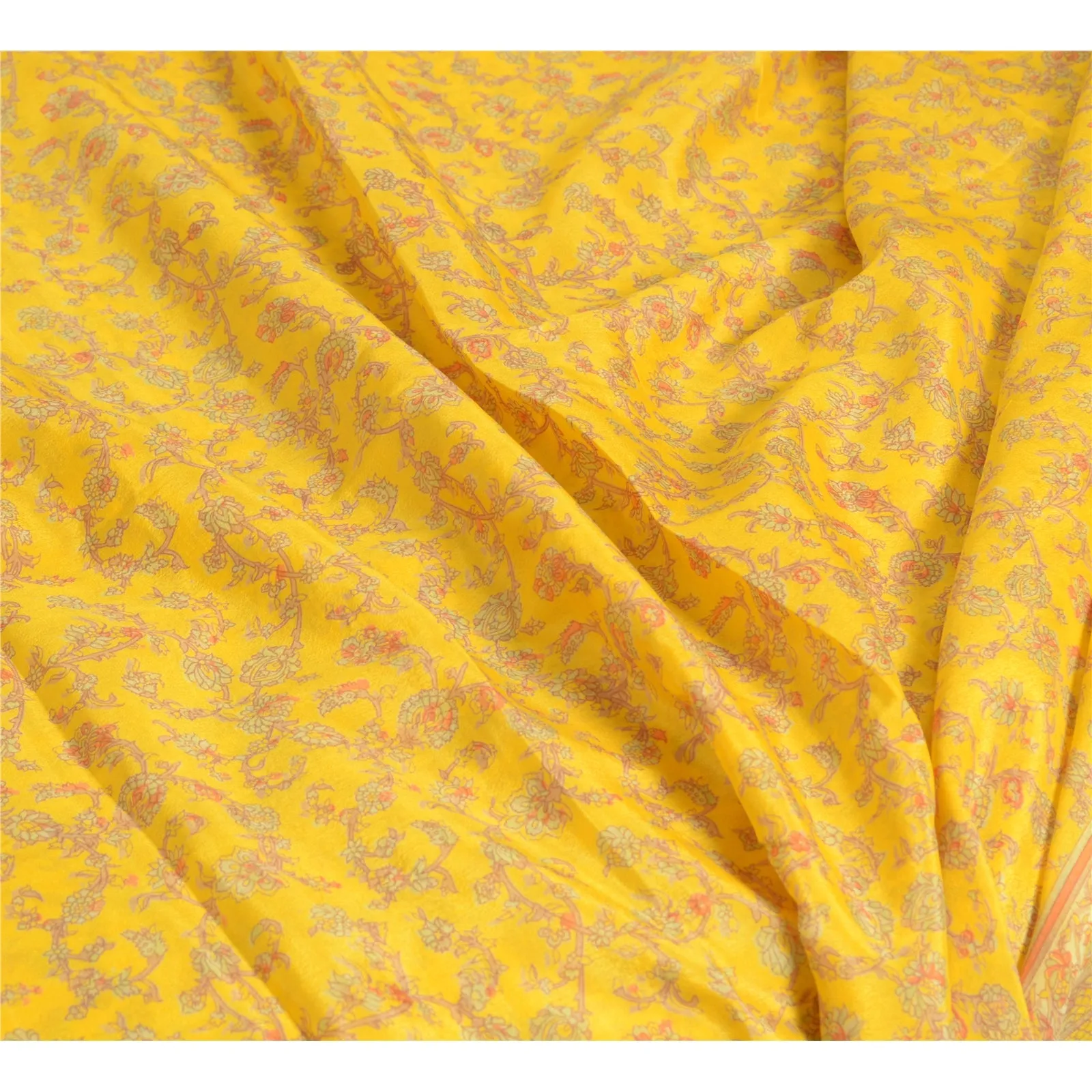 Sanskriti Vintage Sarees From India Yellow Pure Silk Printed Sari Craft Fabric