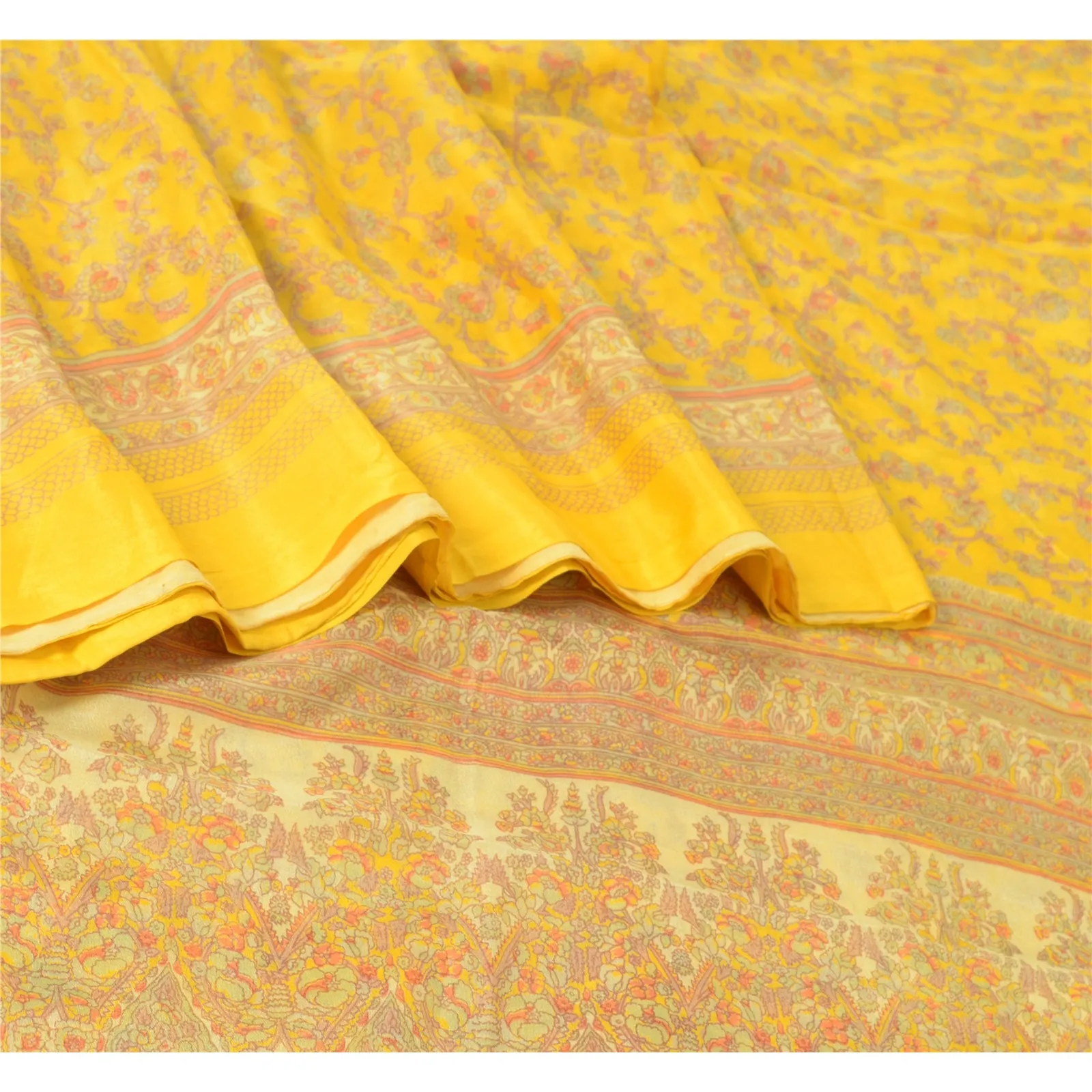 Sanskriti Vintage Sarees From India Yellow Pure Silk Printed Sari Craft Fabric