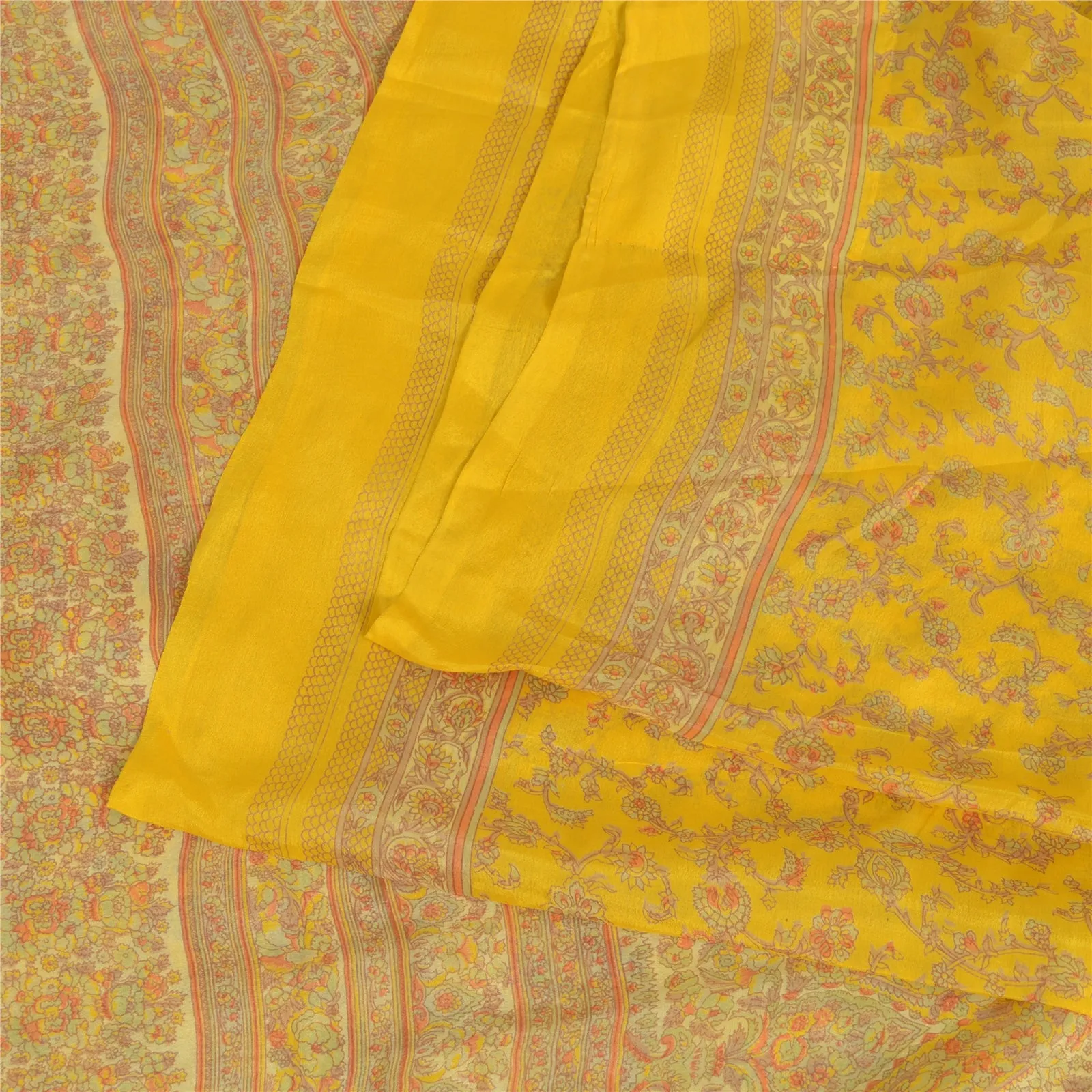 Sanskriti Vintage Sarees From India Yellow Pure Silk Printed Sari Craft Fabric