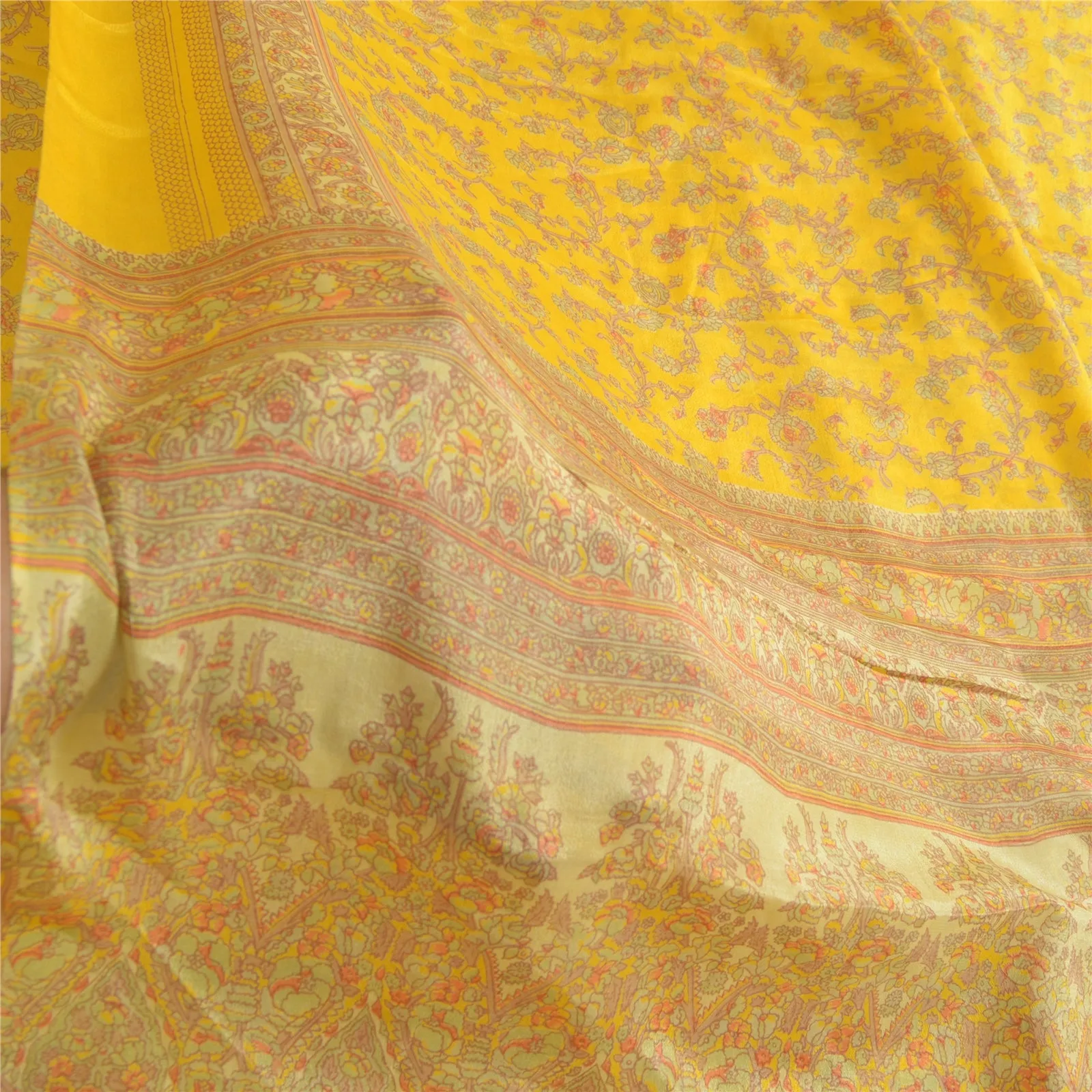 Sanskriti Vintage Sarees From India Yellow Pure Silk Printed Sari Craft Fabric