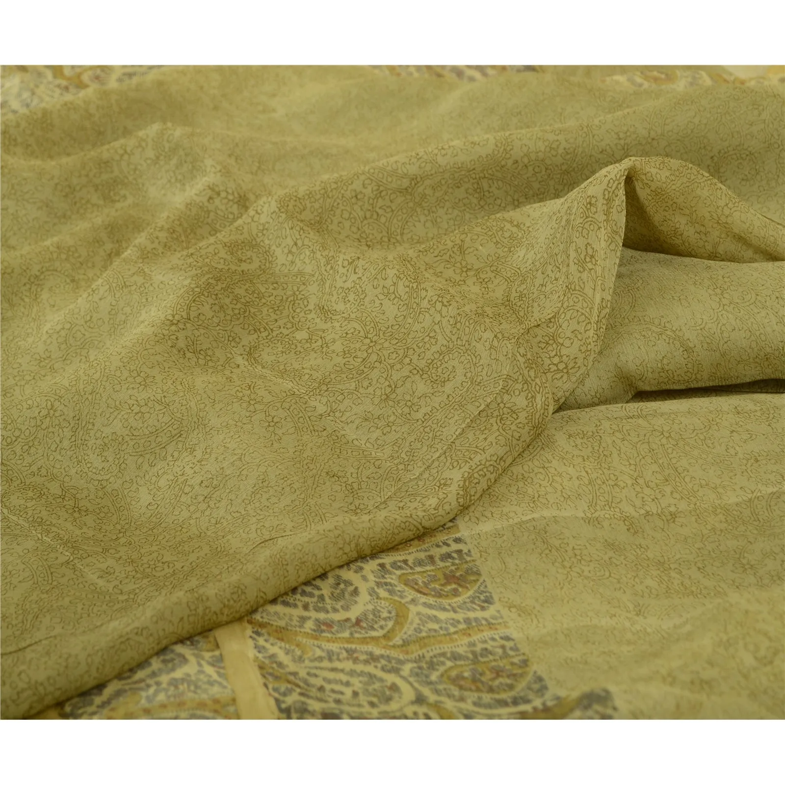 Sanskriti Vintage Sarees Green 100% Pure Chiffon Silk Printed Sari Craft Fabric