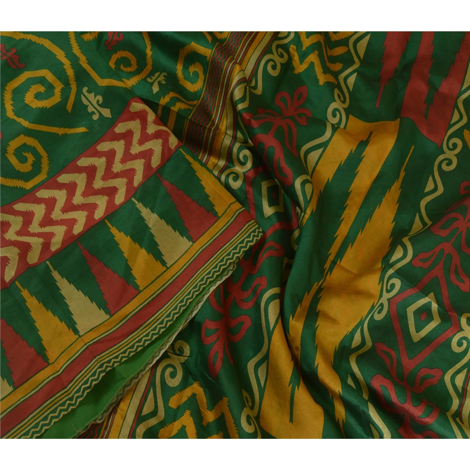 Sanskriti Vintage Sarees Green 100% Pure Silk Printed Sari Floral Craft Fabric