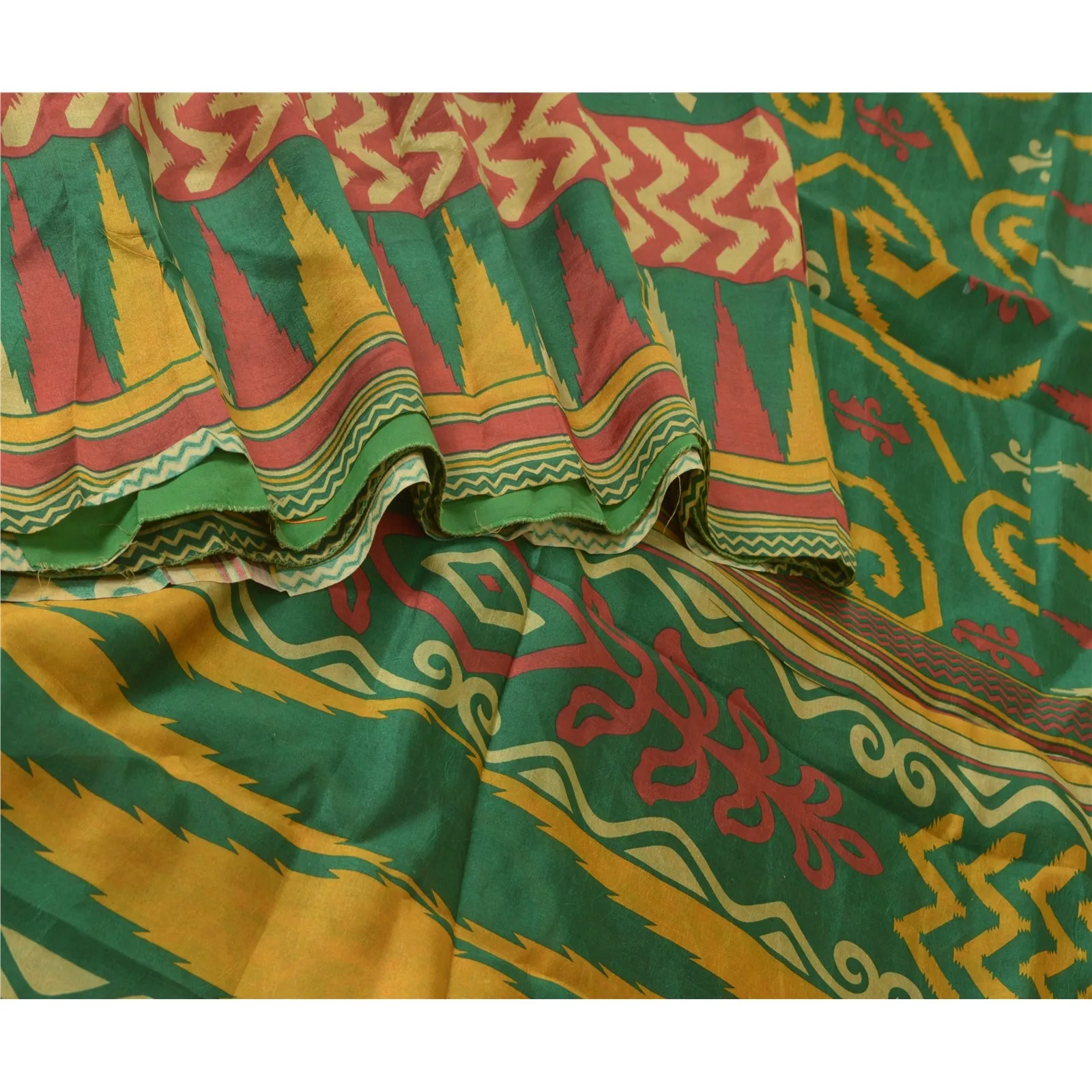 Sanskriti Vintage Sarees Green 100% Pure Silk Printed Sari Floral Craft Fabric