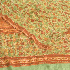 Sanskriti Vintage Sarees Green/Orange Pure Crepe Printed Sari 5yd Craft Fabric