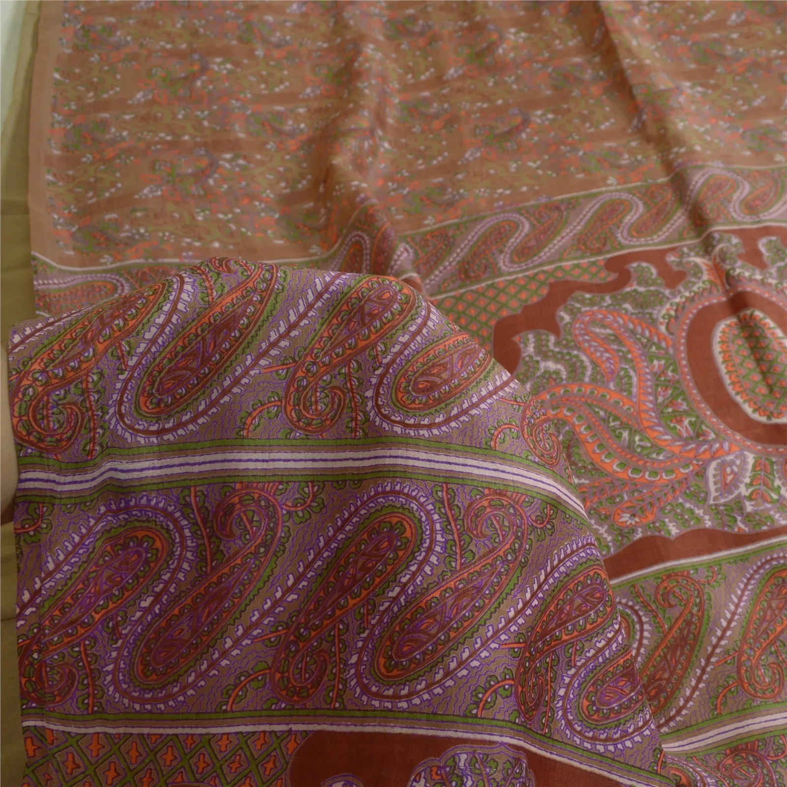 Sanskriti Vintage Sarees Heena-Green Pure Silk Printed Sari Floral Craft Fabric