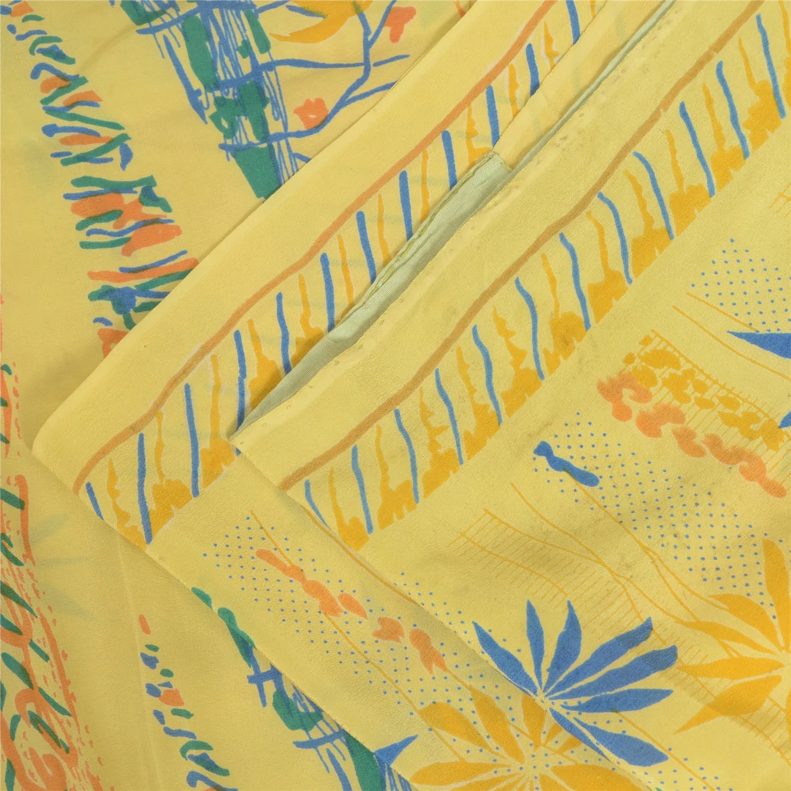 Sanskriti Vintage Sarees Indian Lemon Pure Crepe Silk Printed Sari Craft Fabric