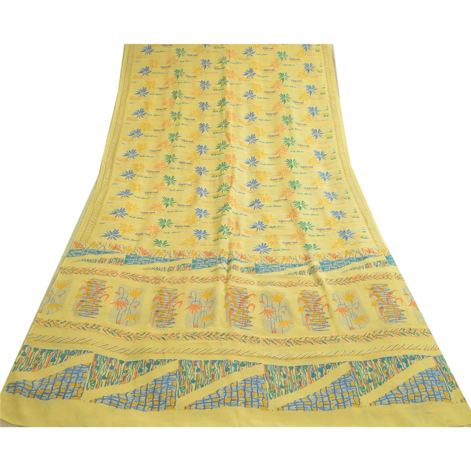 Sanskriti Vintage Sarees Indian Lemon Pure Crepe Silk Printed Sari Craft Fabric