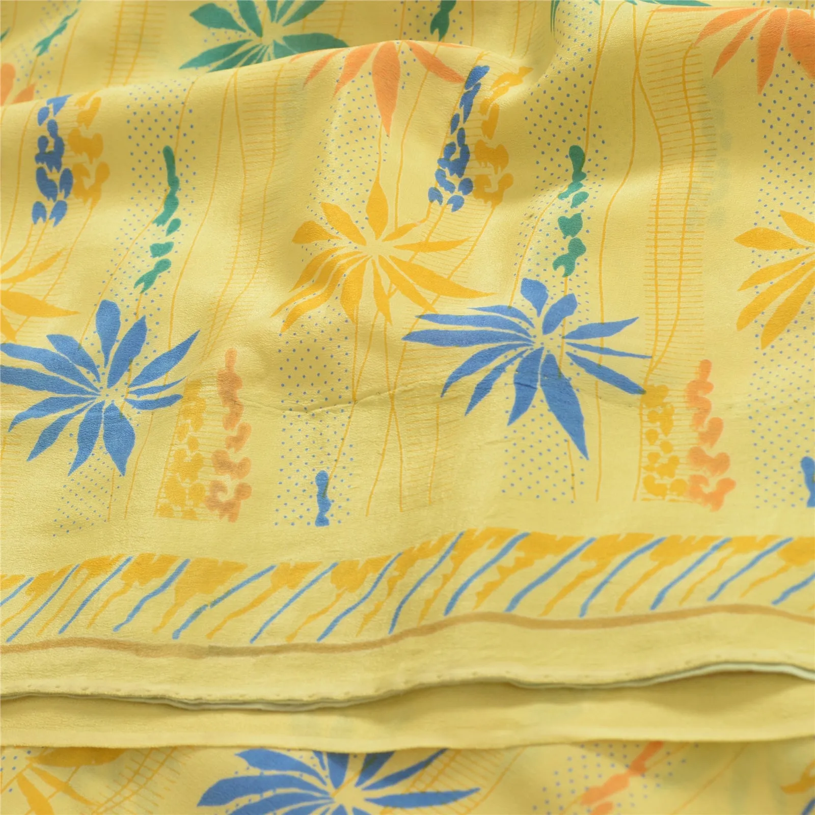 Sanskriti Vintage Sarees Indian Lemon Pure Crepe Silk Printed Sari Craft Fabric