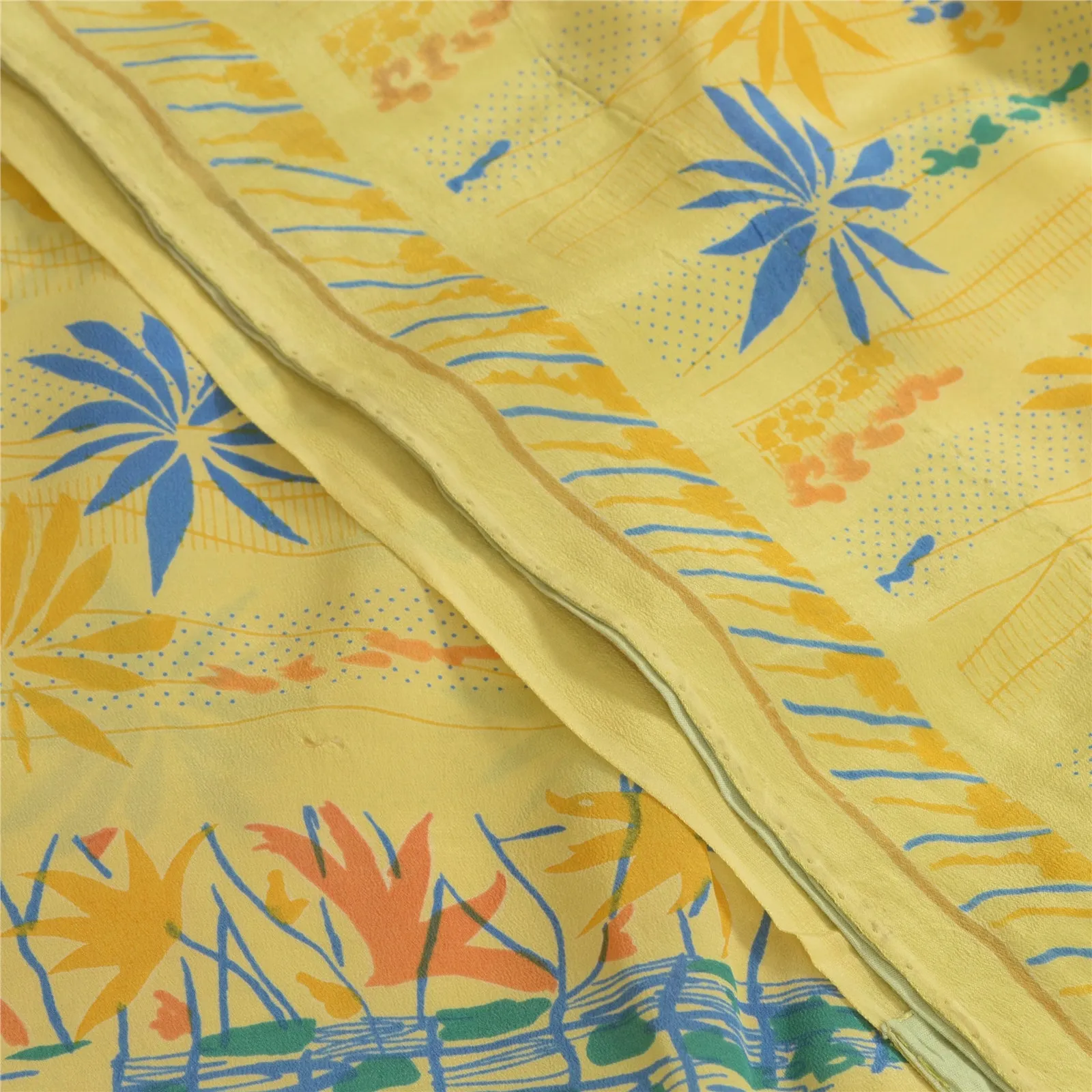 Sanskriti Vintage Sarees Indian Lemon Pure Crepe Silk Printed Sari Craft Fabric