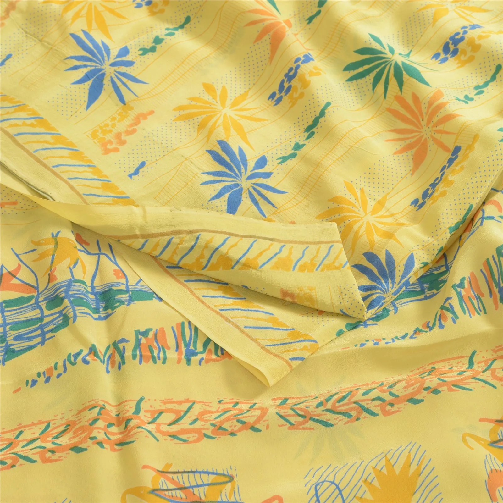 Sanskriti Vintage Sarees Indian Lemon Pure Crepe Silk Printed Sari Craft Fabric