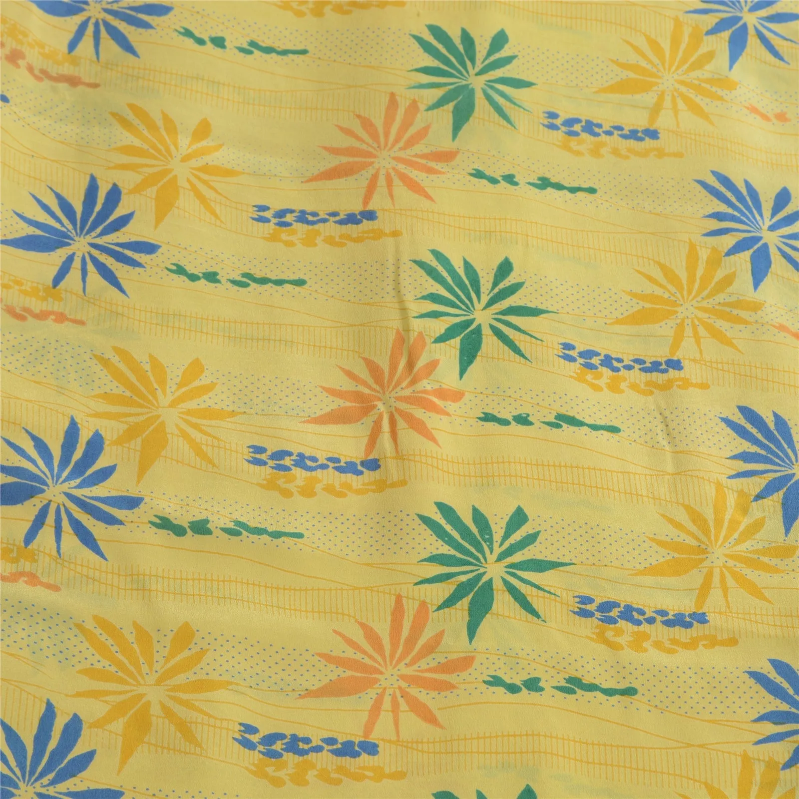 Sanskriti Vintage Sarees Indian Lemon Pure Crepe Silk Printed Sari Craft Fabric