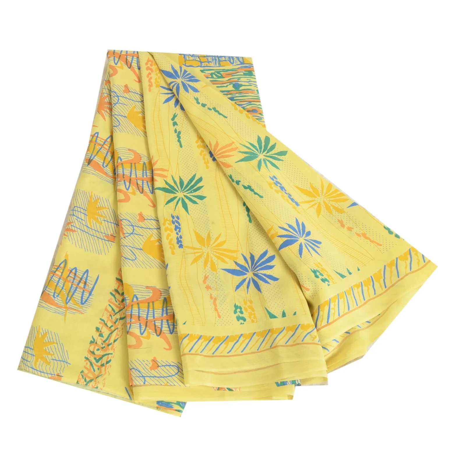 Sanskriti Vintage Sarees Indian Lemon Pure Crepe Silk Printed Sari Craft Fabric