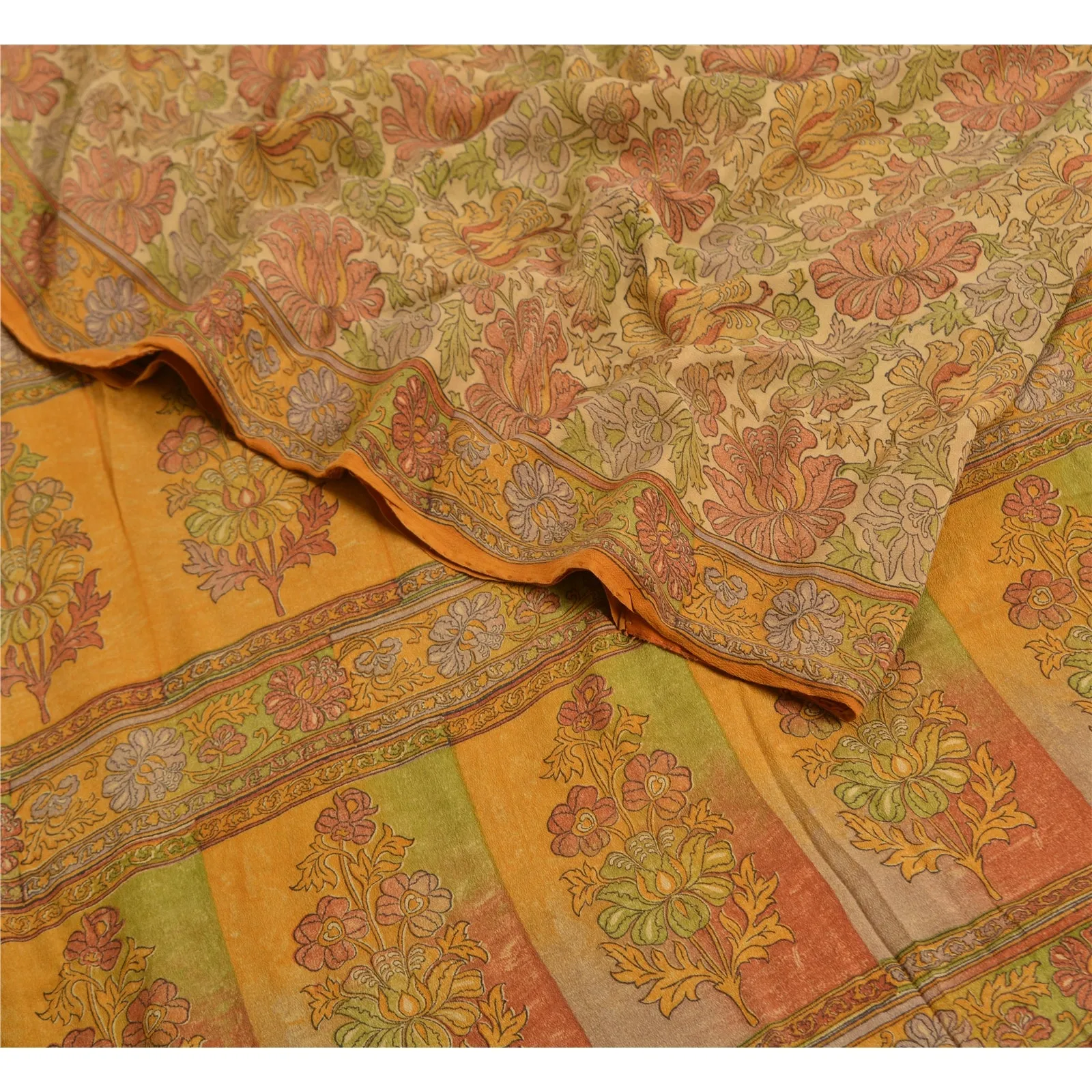 Sanskriti Vintage Sarees Indian Multi Pure Crepe Silk Printed Sari Craft Fabric