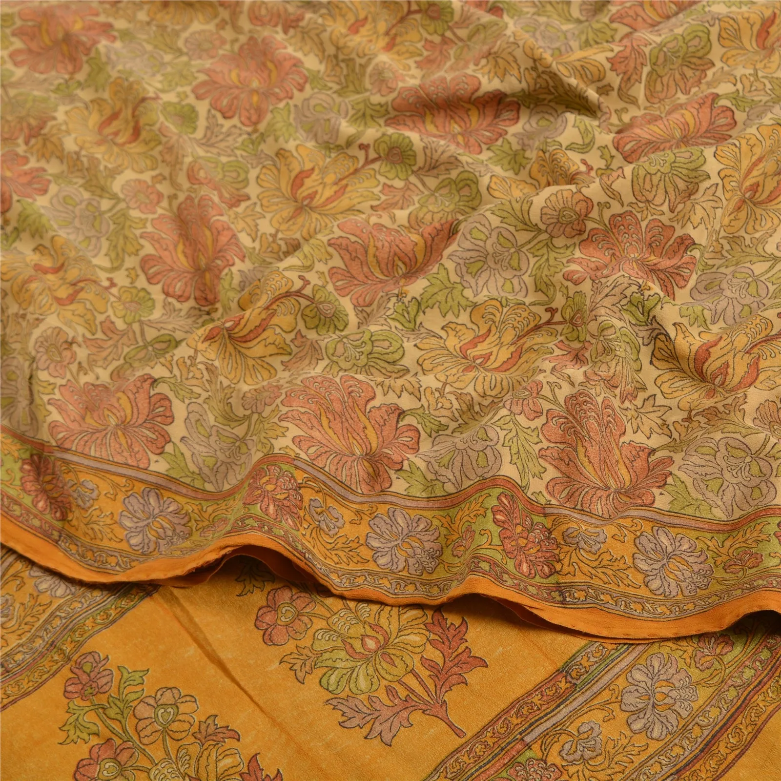 Sanskriti Vintage Sarees Indian Multi Pure Crepe Silk Printed Sari Craft Fabric