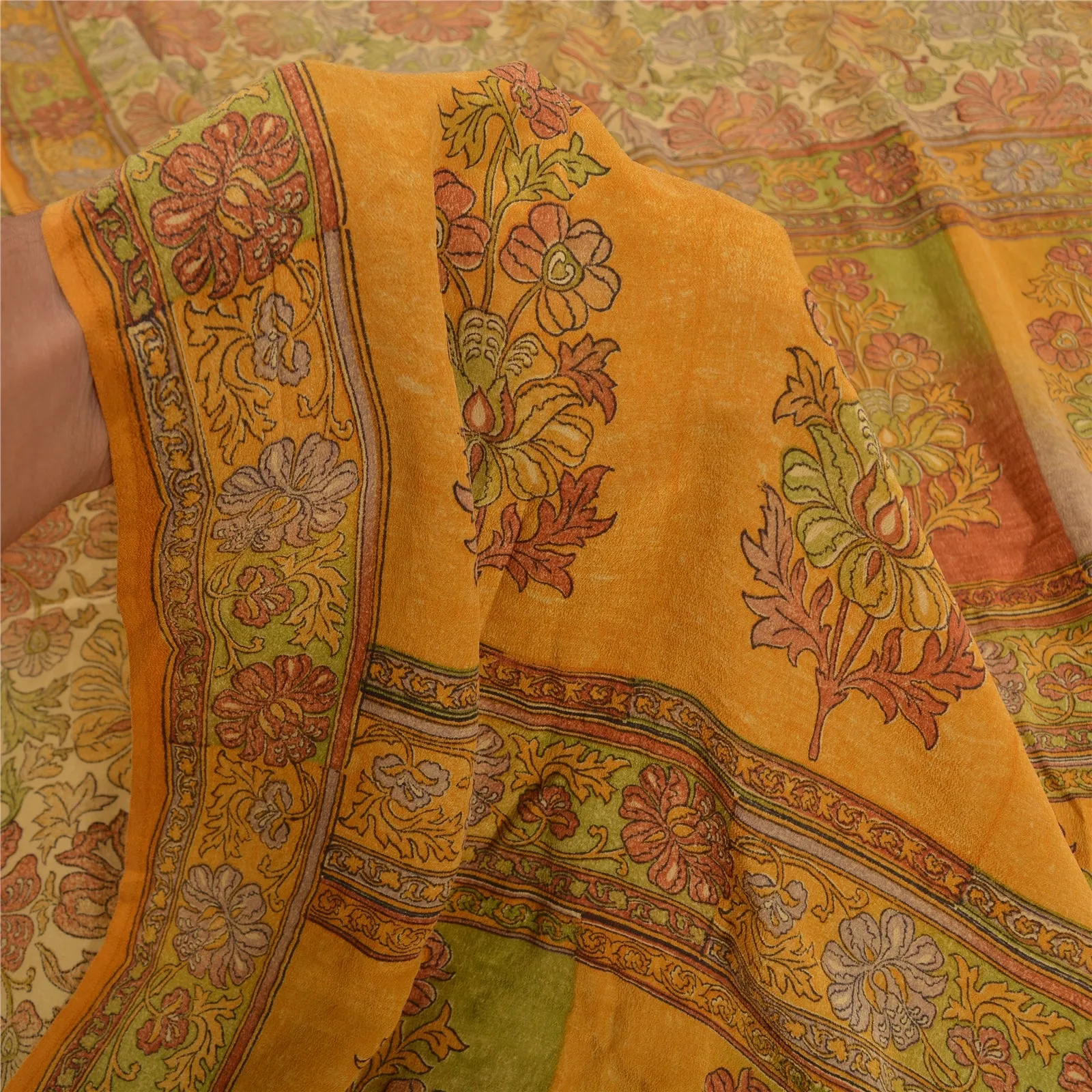 Sanskriti Vintage Sarees Indian Multi Pure Crepe Silk Printed Sari Craft Fabric