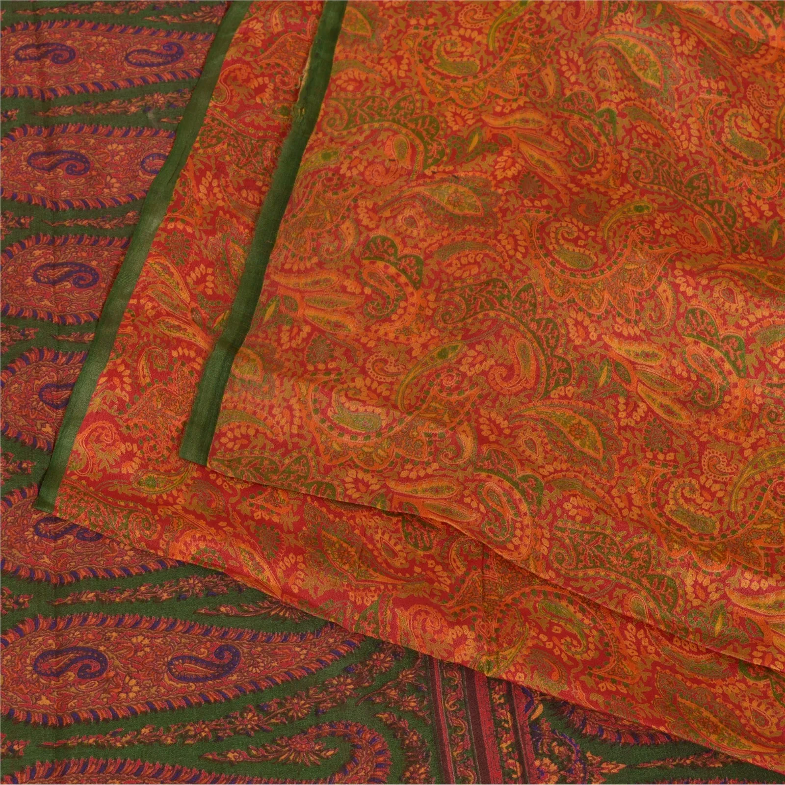 Sanskriti Vintage Sarees Indian Orange Pure Silk Printed Sari 5yd Craft Fabric