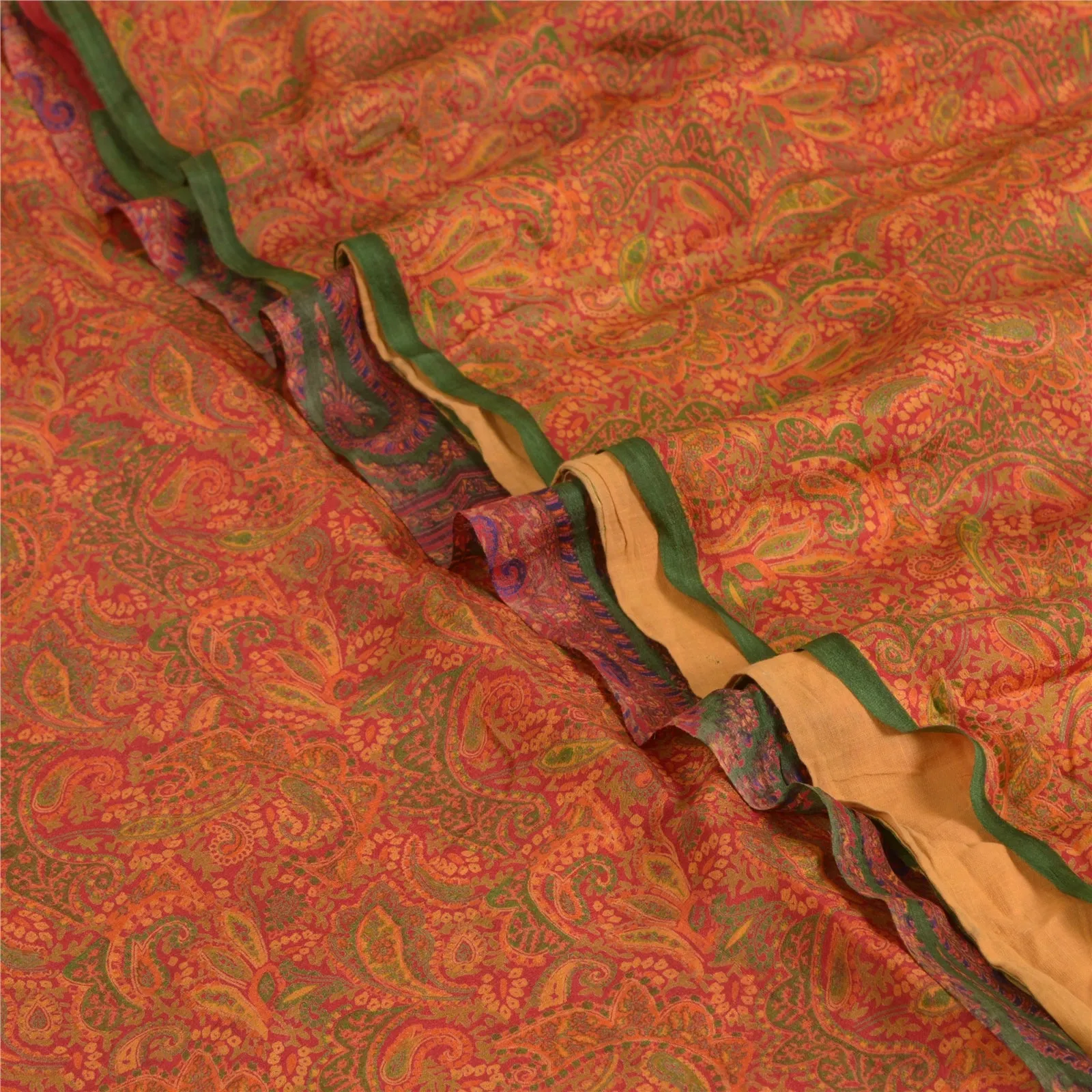 Sanskriti Vintage Sarees Indian Orange Pure Silk Printed Sari 5yd Craft Fabric