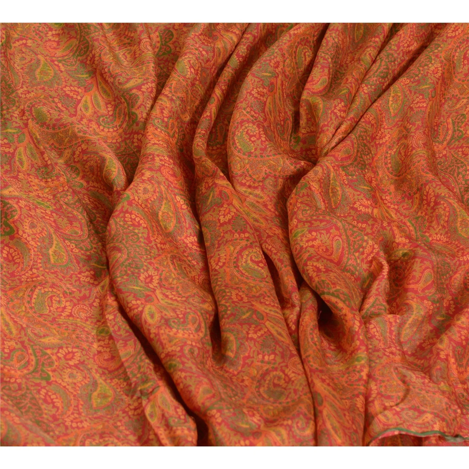 Sanskriti Vintage Sarees Indian Orange Pure Silk Printed Sari 5yd Craft Fabric