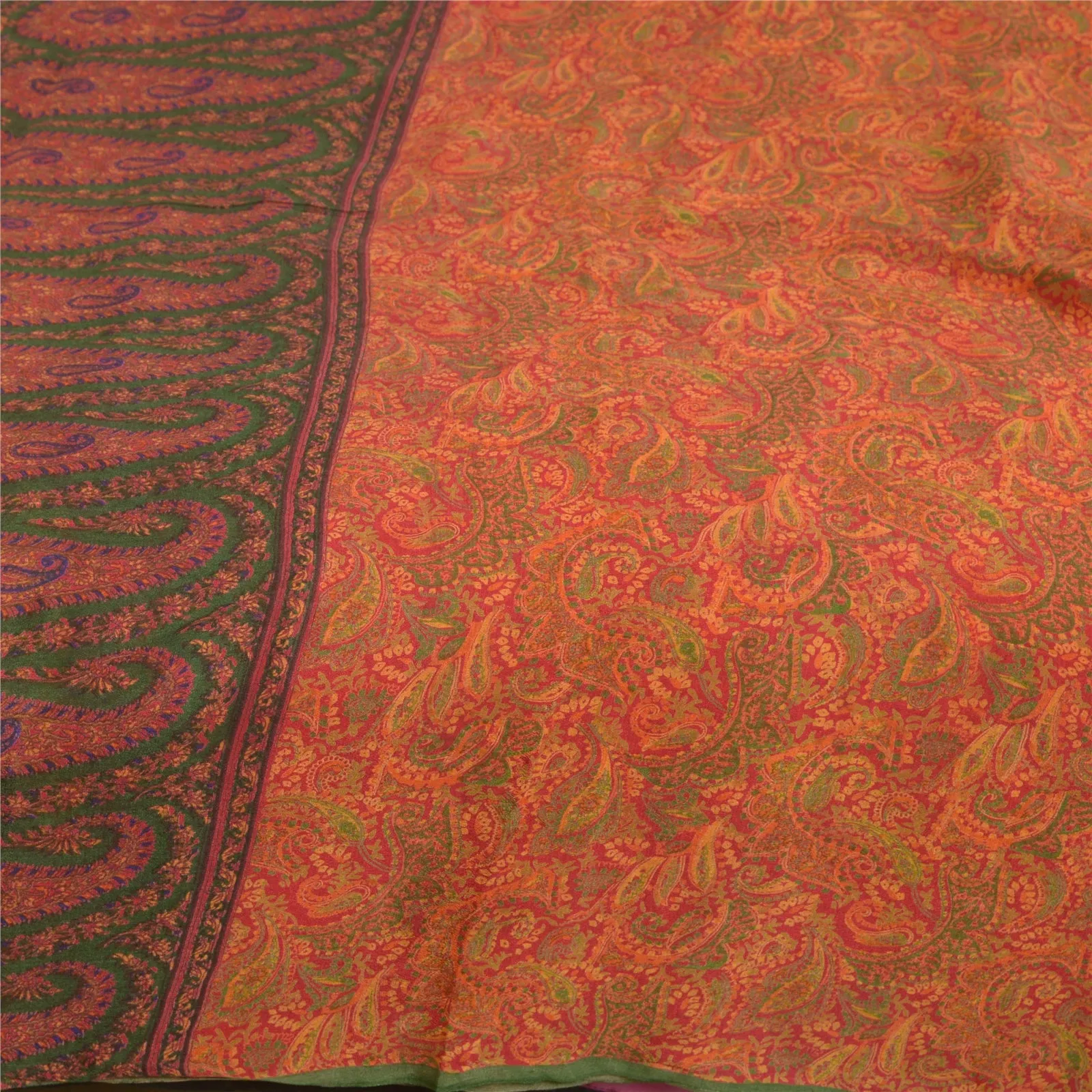 Sanskriti Vintage Sarees Indian Orange Pure Silk Printed Sari 5yd Craft Fabric