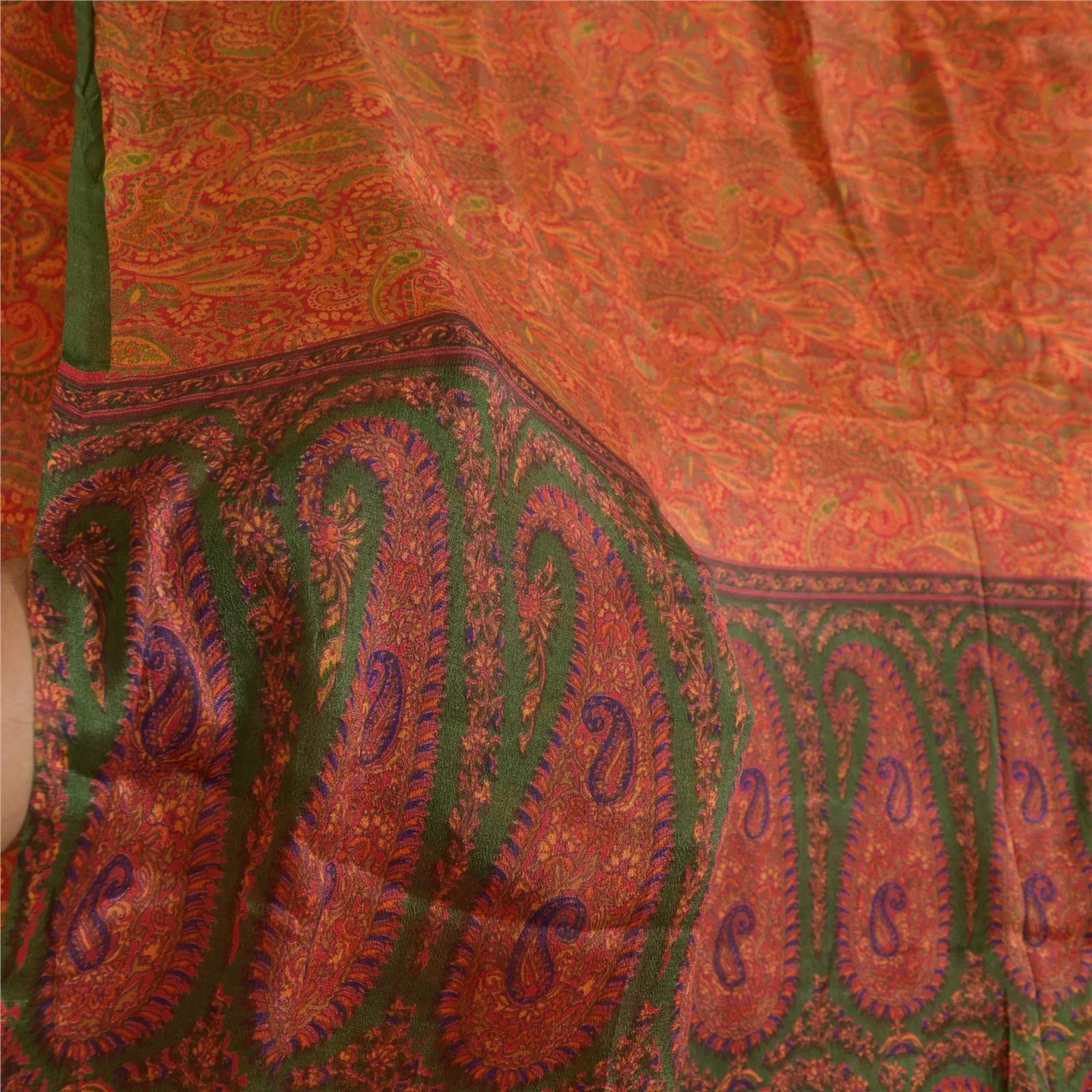 Sanskriti Vintage Sarees Indian Orange Pure Silk Printed Sari 5yd Craft Fabric