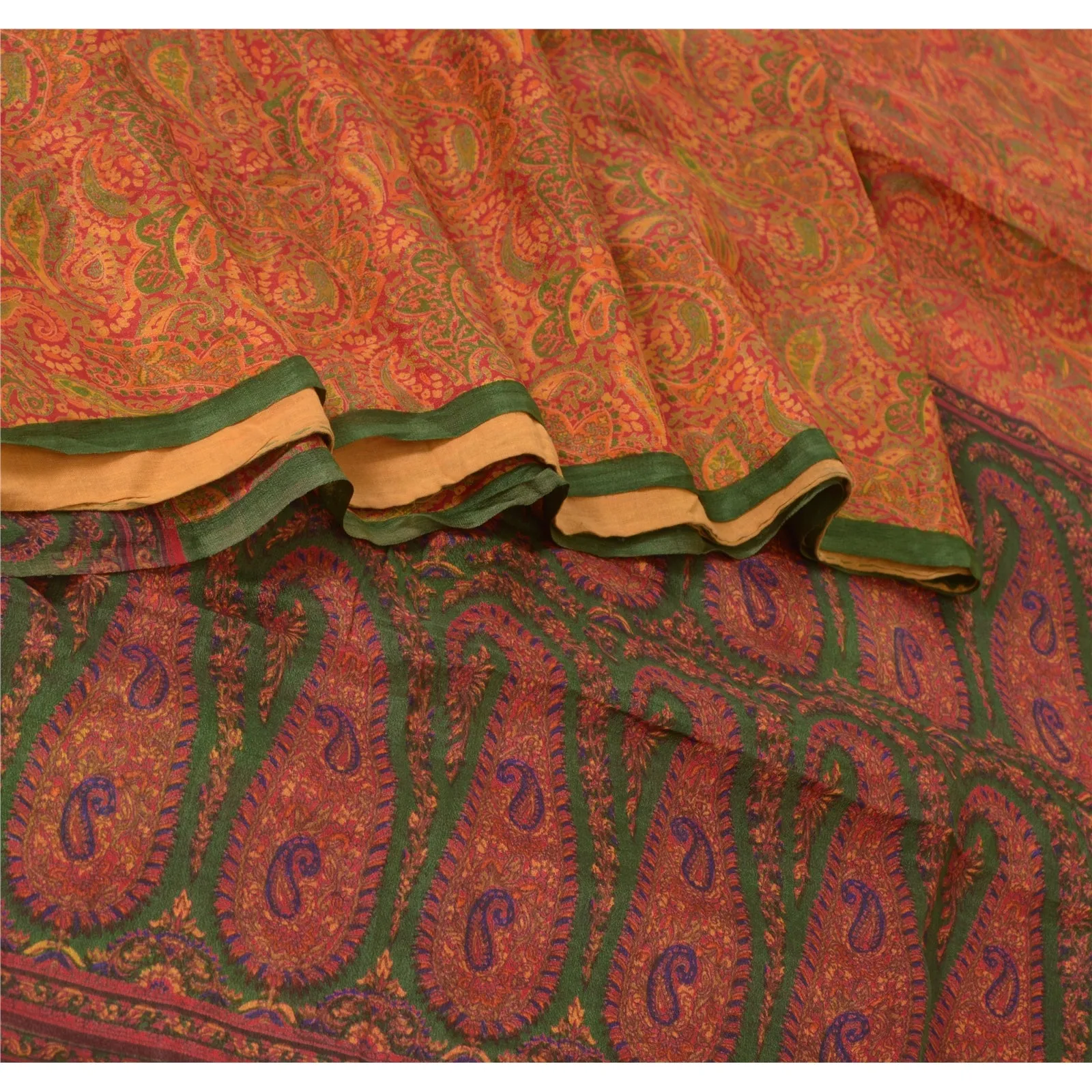 Sanskriti Vintage Sarees Indian Orange Pure Silk Printed Sari 5yd Craft Fabric