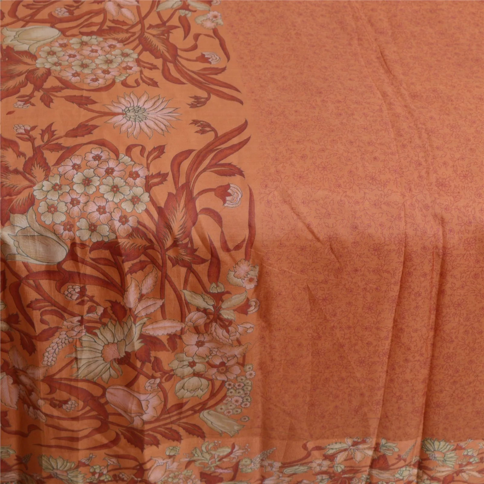 Sanskriti Vintage Sarees Orange Printed 100% Pure Silk Sari Floral Craft Fabric