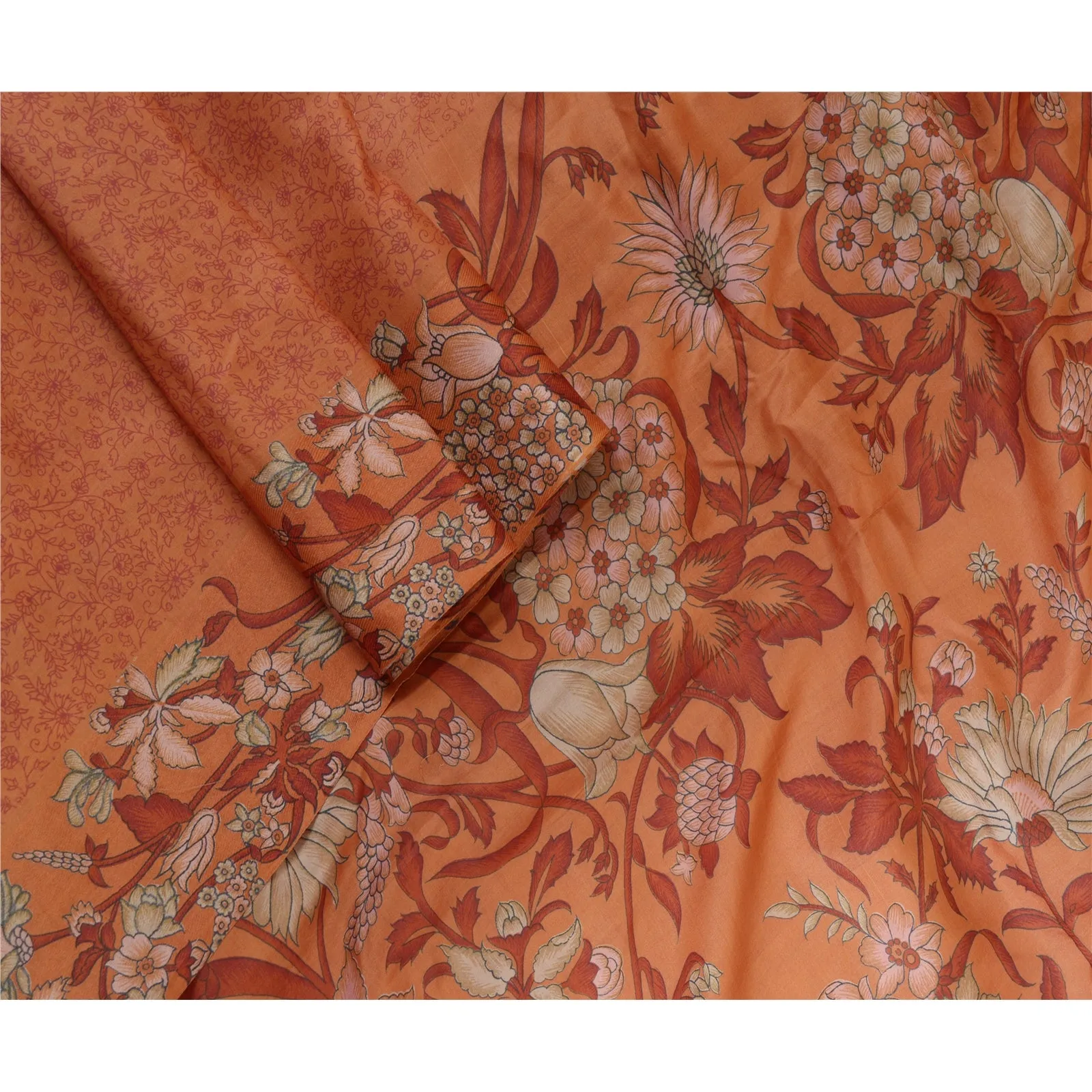 Sanskriti Vintage Sarees Orange Printed 100% Pure Silk Sari Floral Craft Fabric