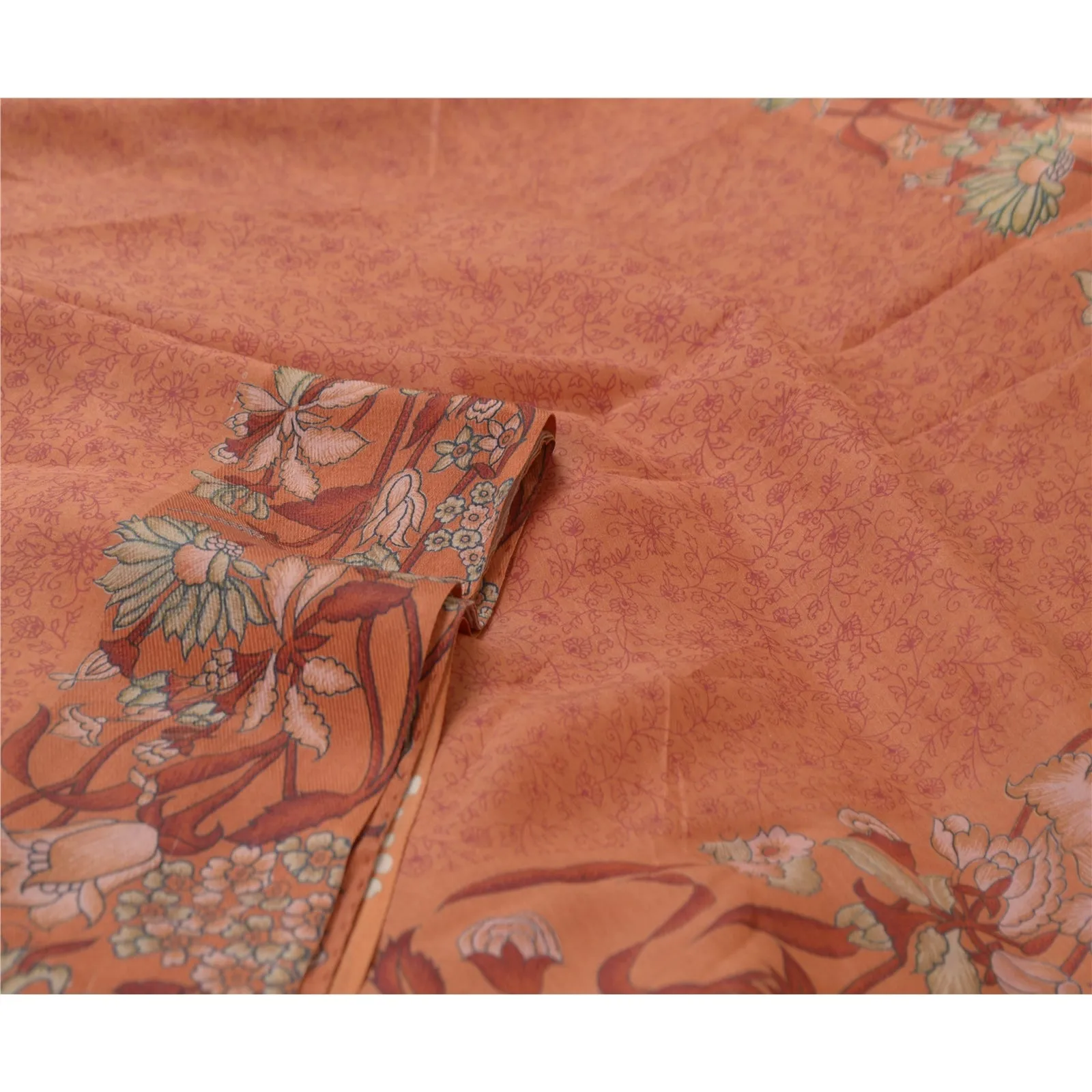 Sanskriti Vintage Sarees Orange Printed 100% Pure Silk Sari Floral Craft Fabric