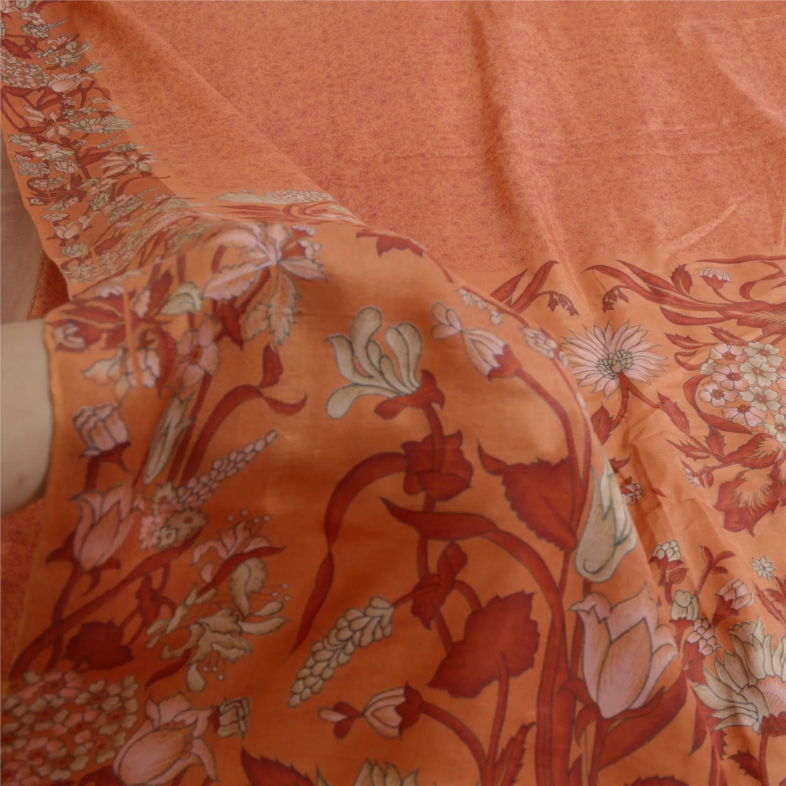 Sanskriti Vintage Sarees Orange Printed 100% Pure Silk Sari Floral Craft Fabric