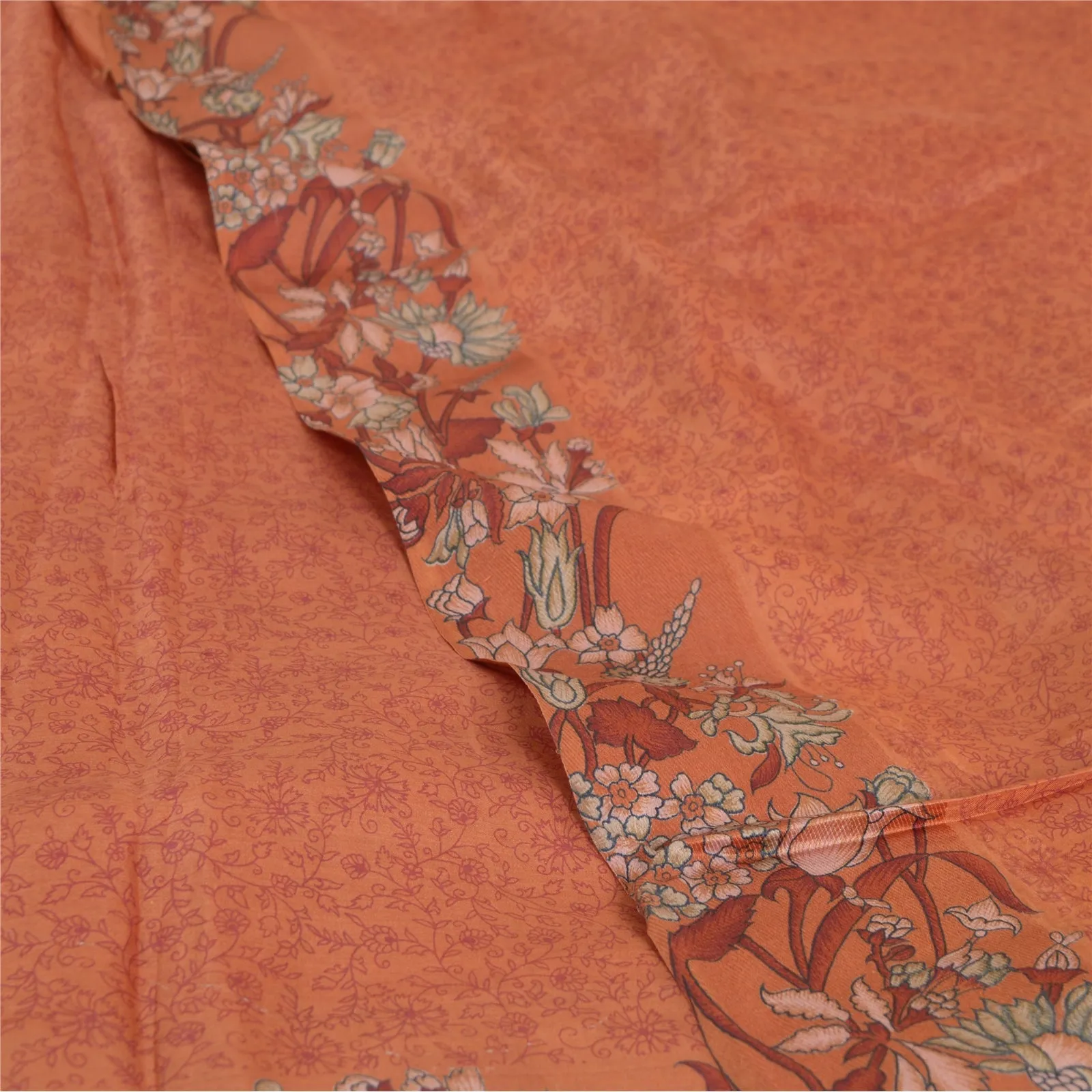 Sanskriti Vintage Sarees Orange Printed 100% Pure Silk Sari Floral Craft Fabric