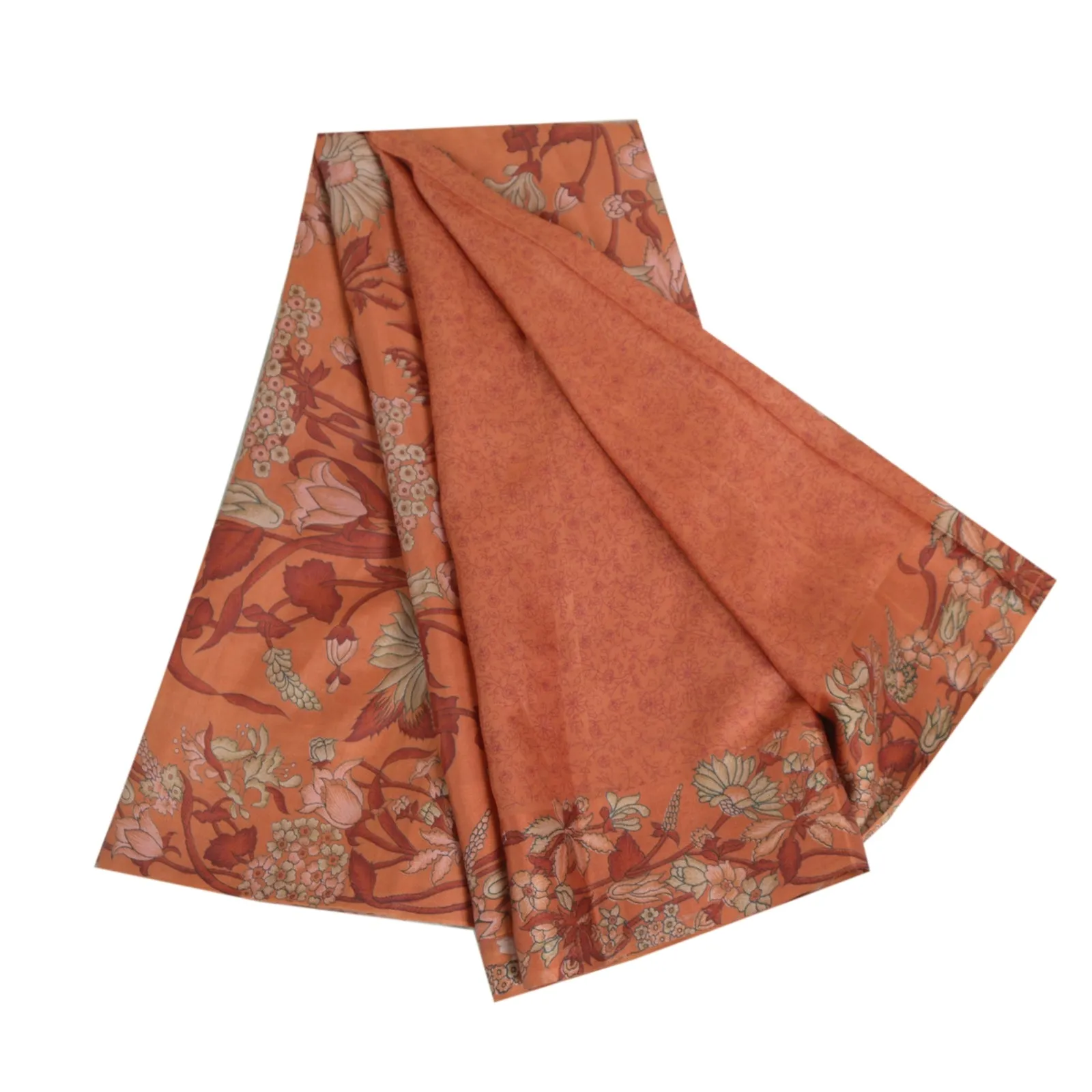 Sanskriti Vintage Sarees Orange Printed 100% Pure Silk Sari Floral Craft Fabric