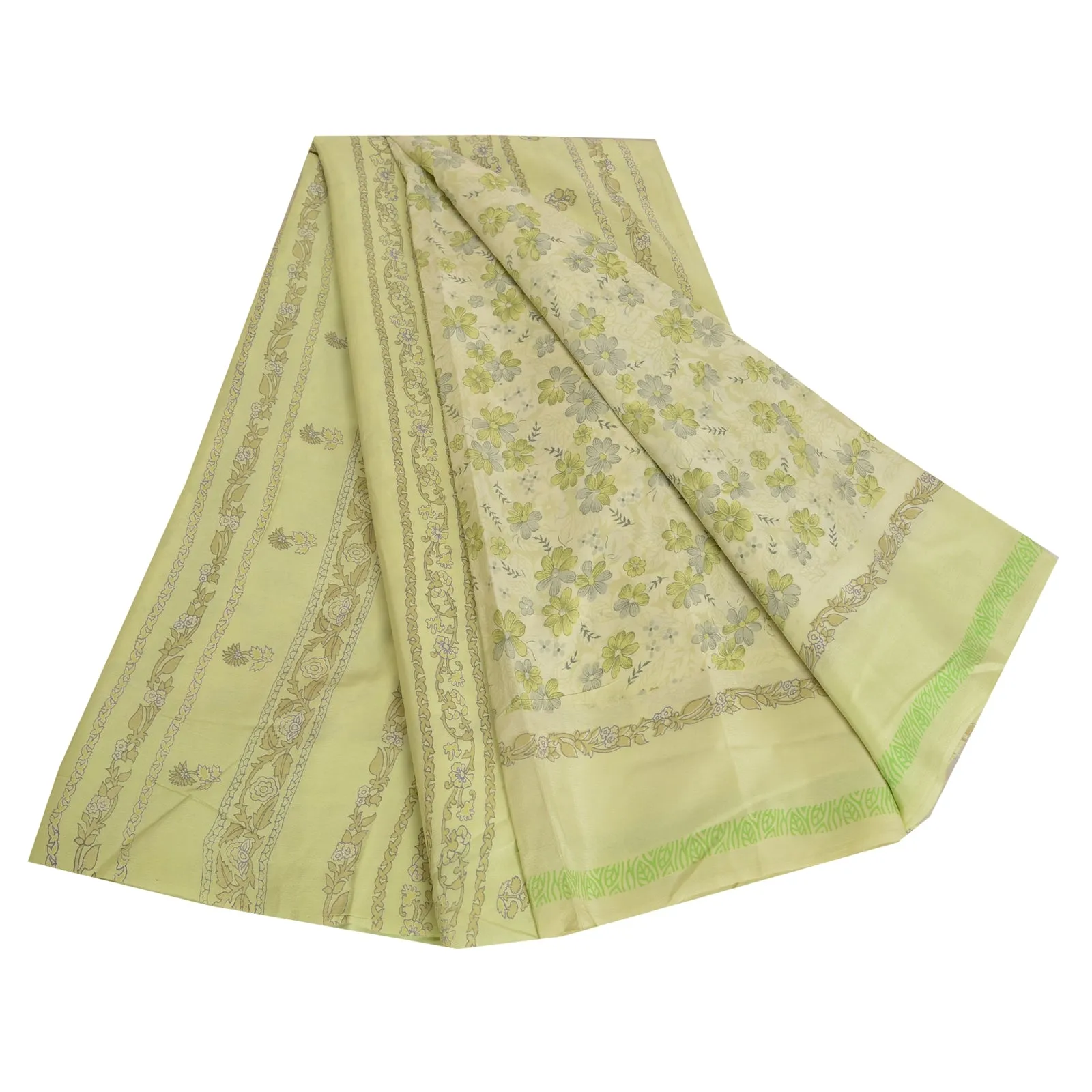 Sanskriti Vintage Sarees Pastel-Green Pure Crepe Silk Printed Sari Craft Fabric