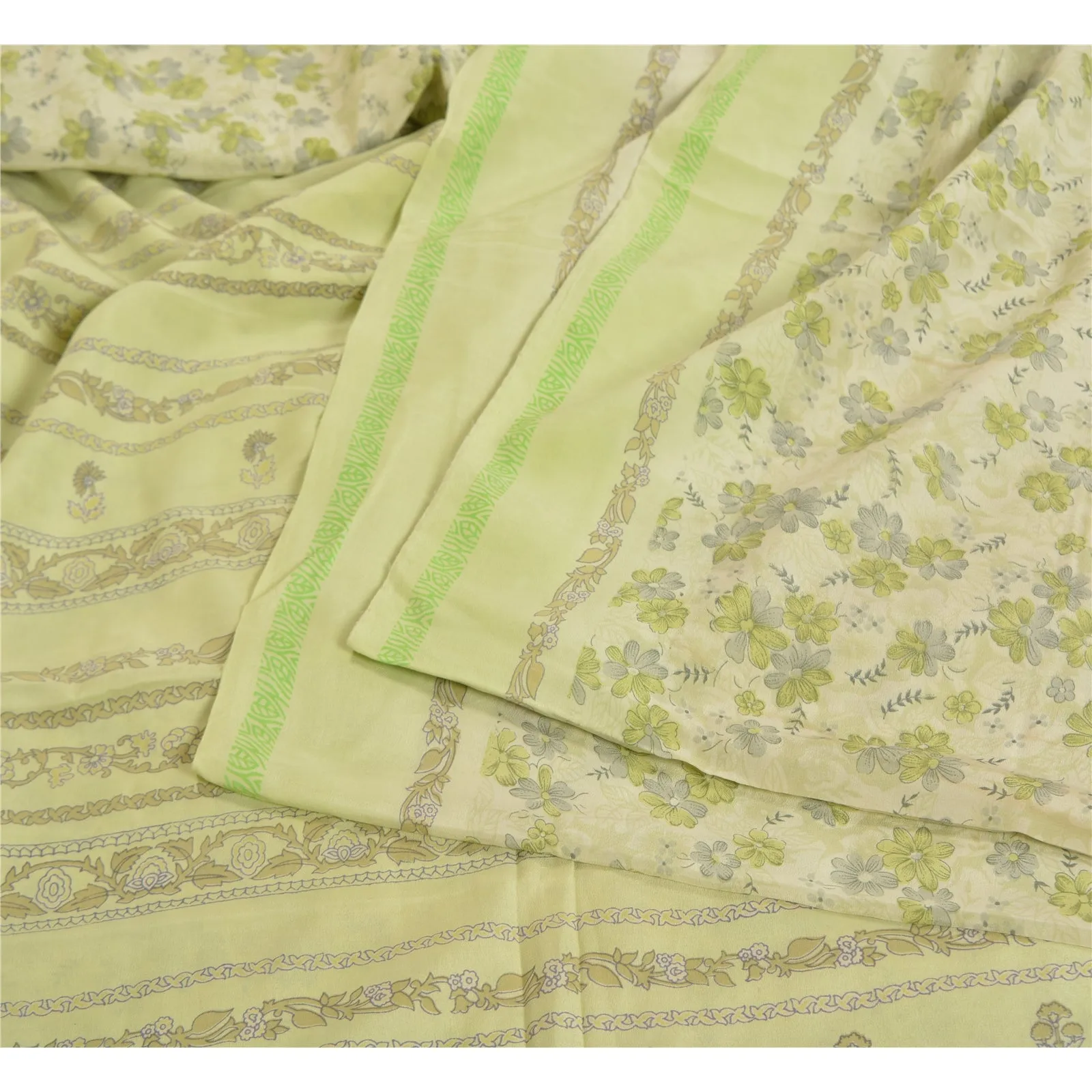 Sanskriti Vintage Sarees Pastel-Green Pure Crepe Silk Printed Sari Craft Fabric