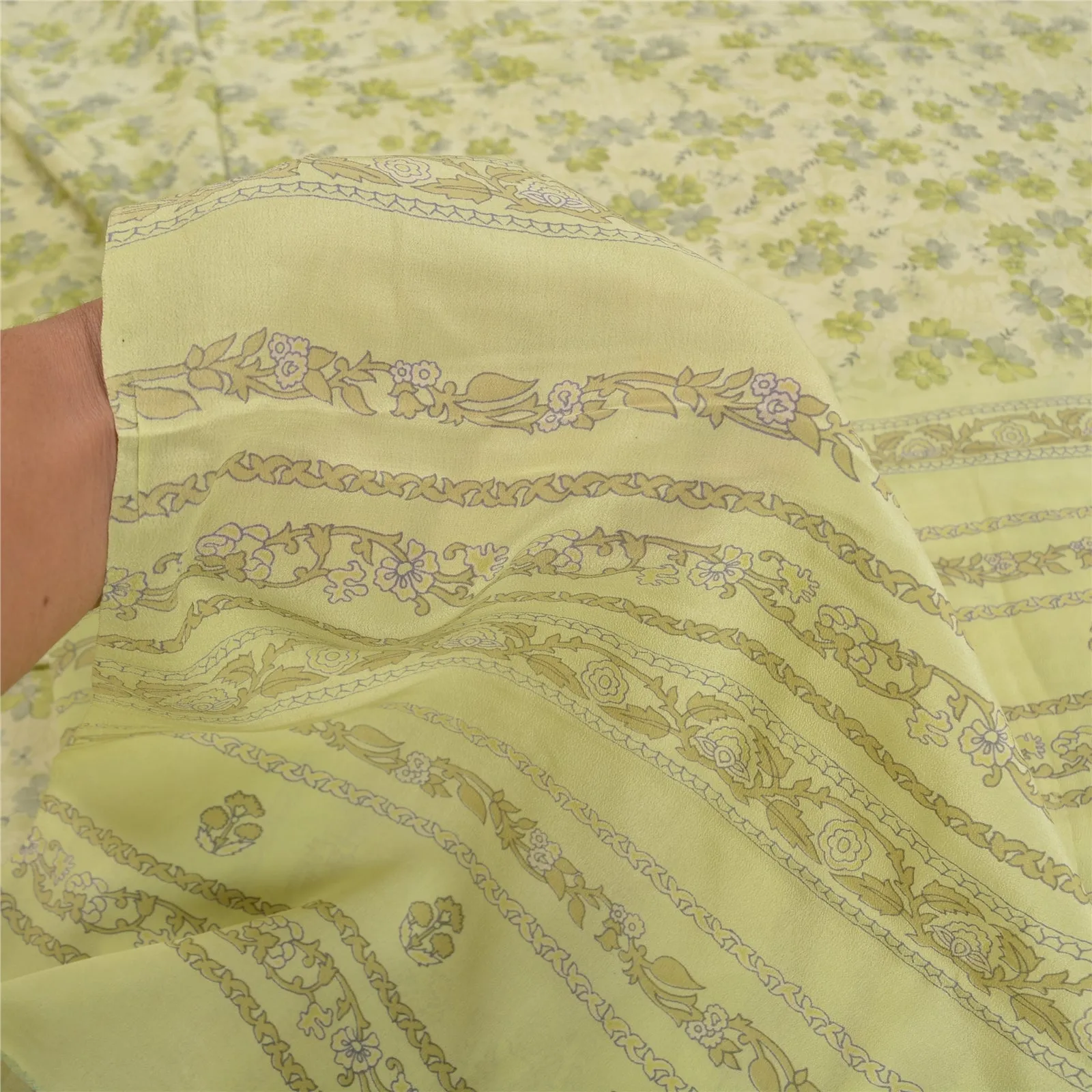 Sanskriti Vintage Sarees Pastel-Green Pure Crepe Silk Printed Sari Craft Fabric