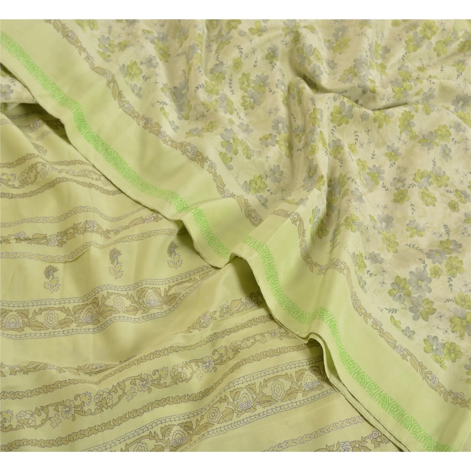 Sanskriti Vintage Sarees Pastel-Green Pure Crepe Silk Printed Sari Craft Fabric