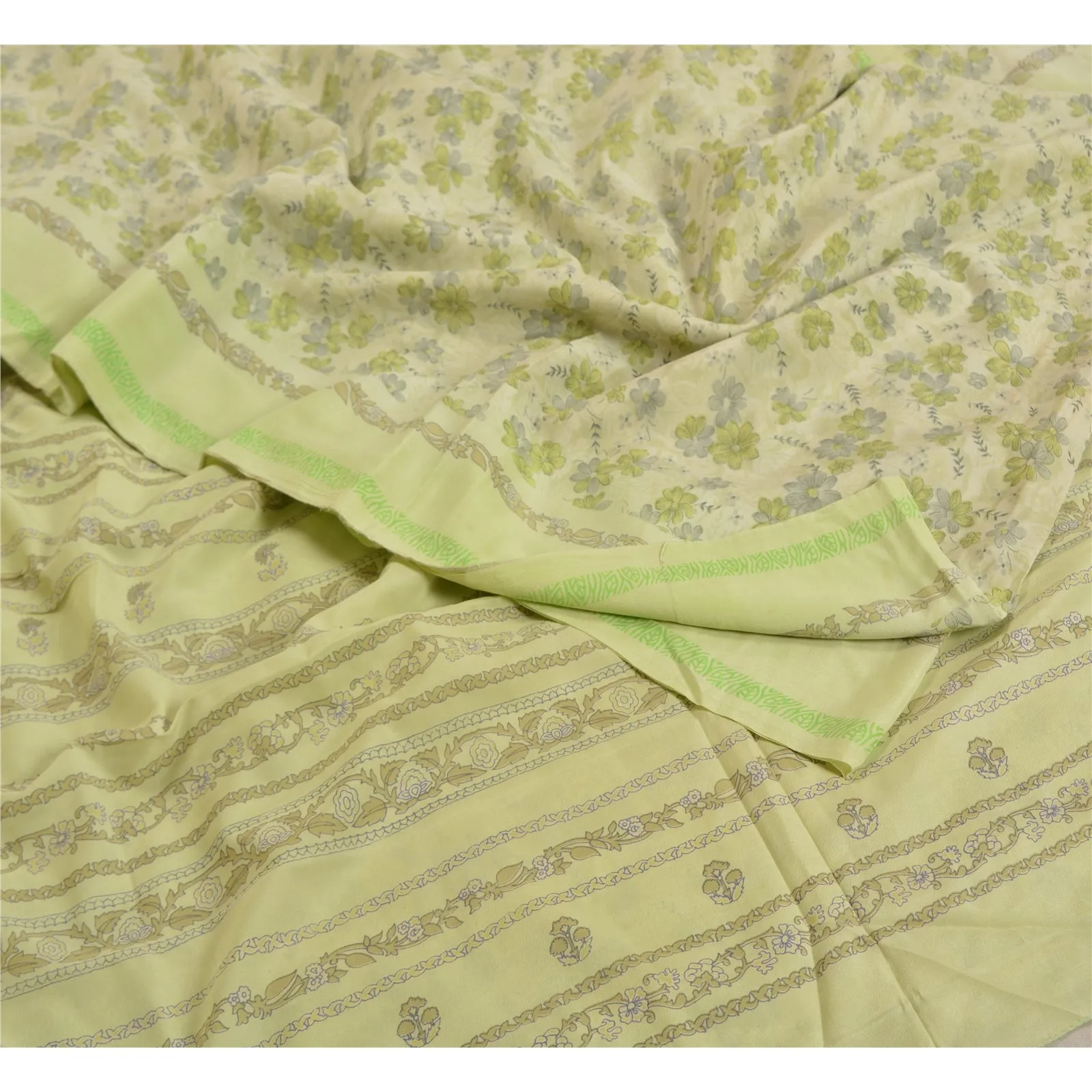 Sanskriti Vintage Sarees Pastel-Green Pure Crepe Silk Printed Sari Craft Fabric