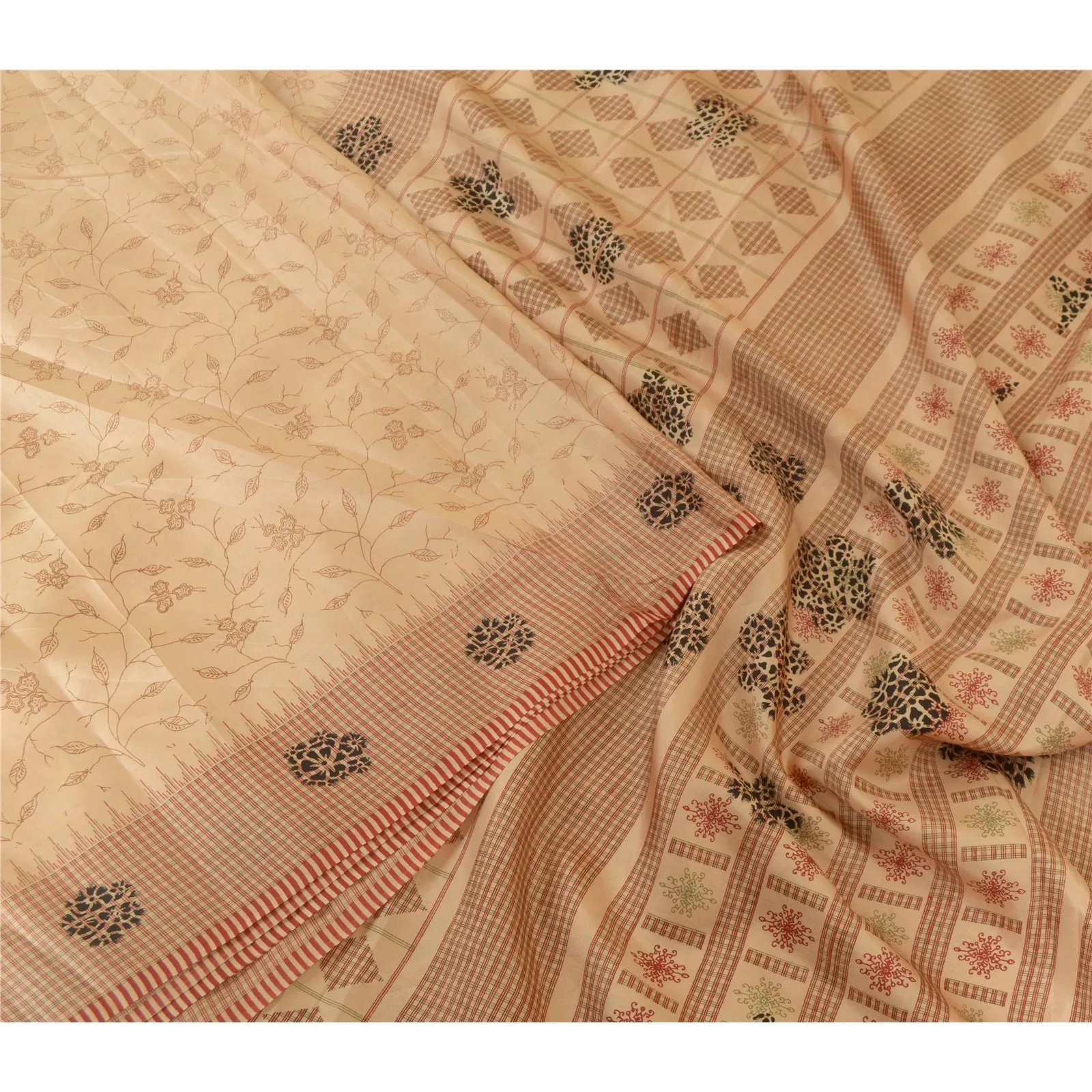 Sanskriti Vintage Sarees Peach 100% Pure Silk Printed Sari Soft 5yd Craft Fabric