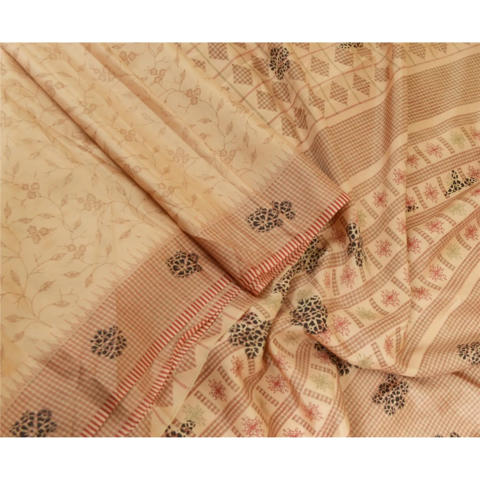 Sanskriti Vintage Sarees Peach 100% Pure Silk Printed Sari Soft 5yd Craft Fabric