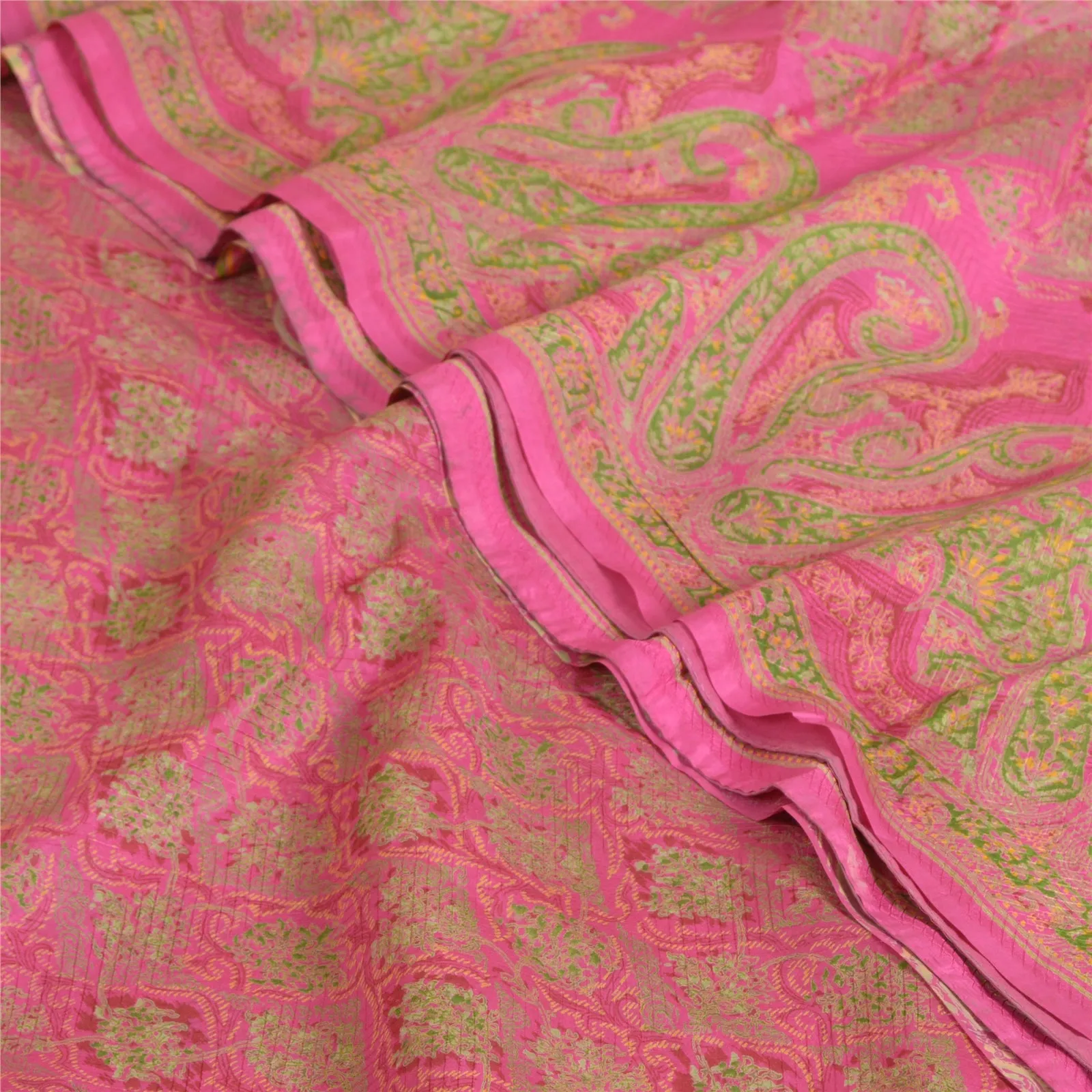 Sanskriti Vintage Sarees Pink 100% Pure Silk Printed Sari Soft 5yd Craft Fabric