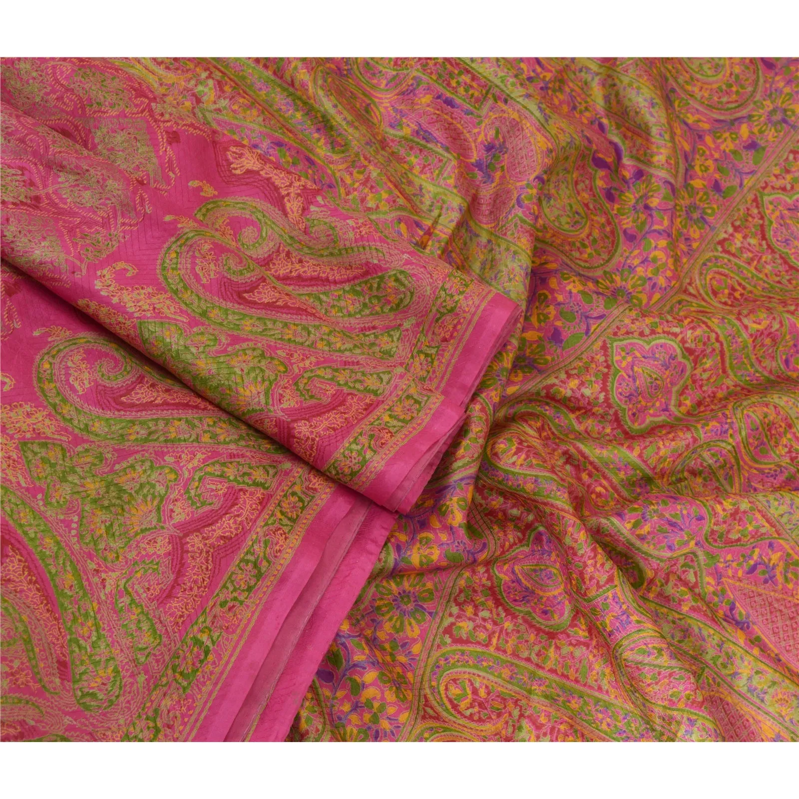 Sanskriti Vintage Sarees Pink 100% Pure Silk Printed Sari Soft 5yd Craft Fabric