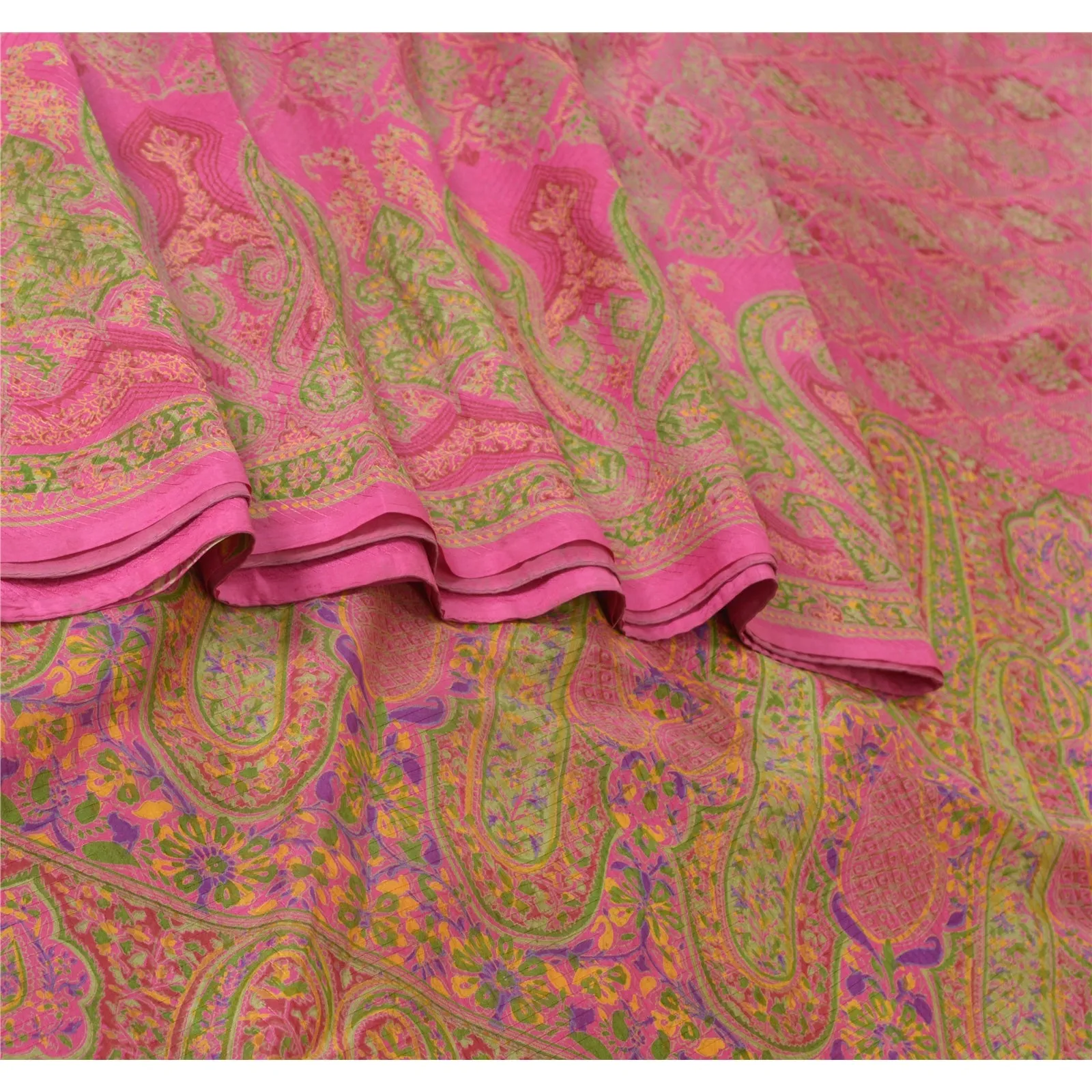 Sanskriti Vintage Sarees Pink 100% Pure Silk Printed Sari Soft 5yd Craft Fabric