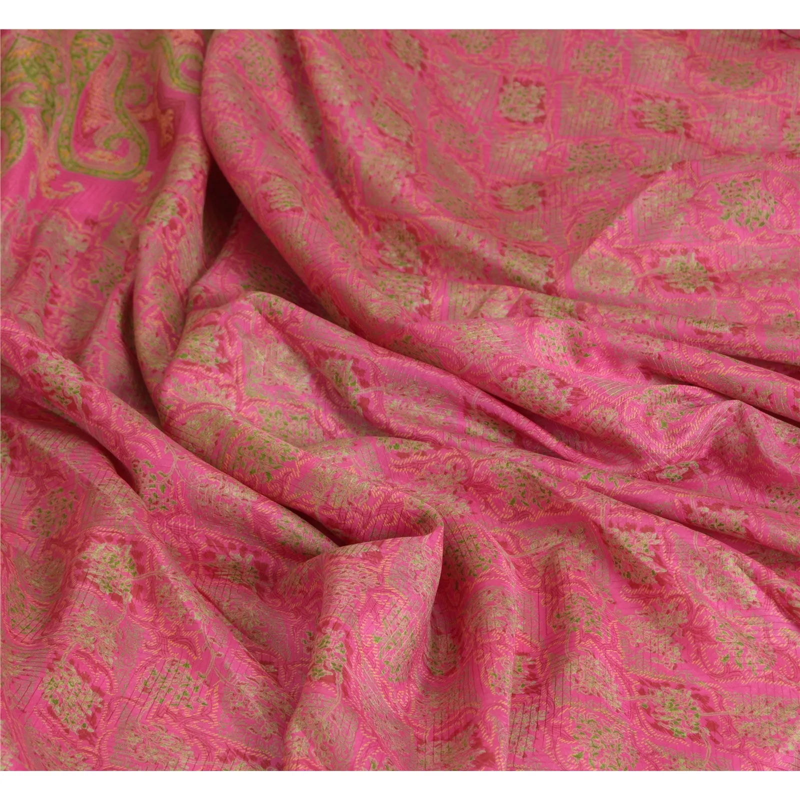 Sanskriti Vintage Sarees Pink 100% Pure Silk Printed Sari Soft 5yd Craft Fabric