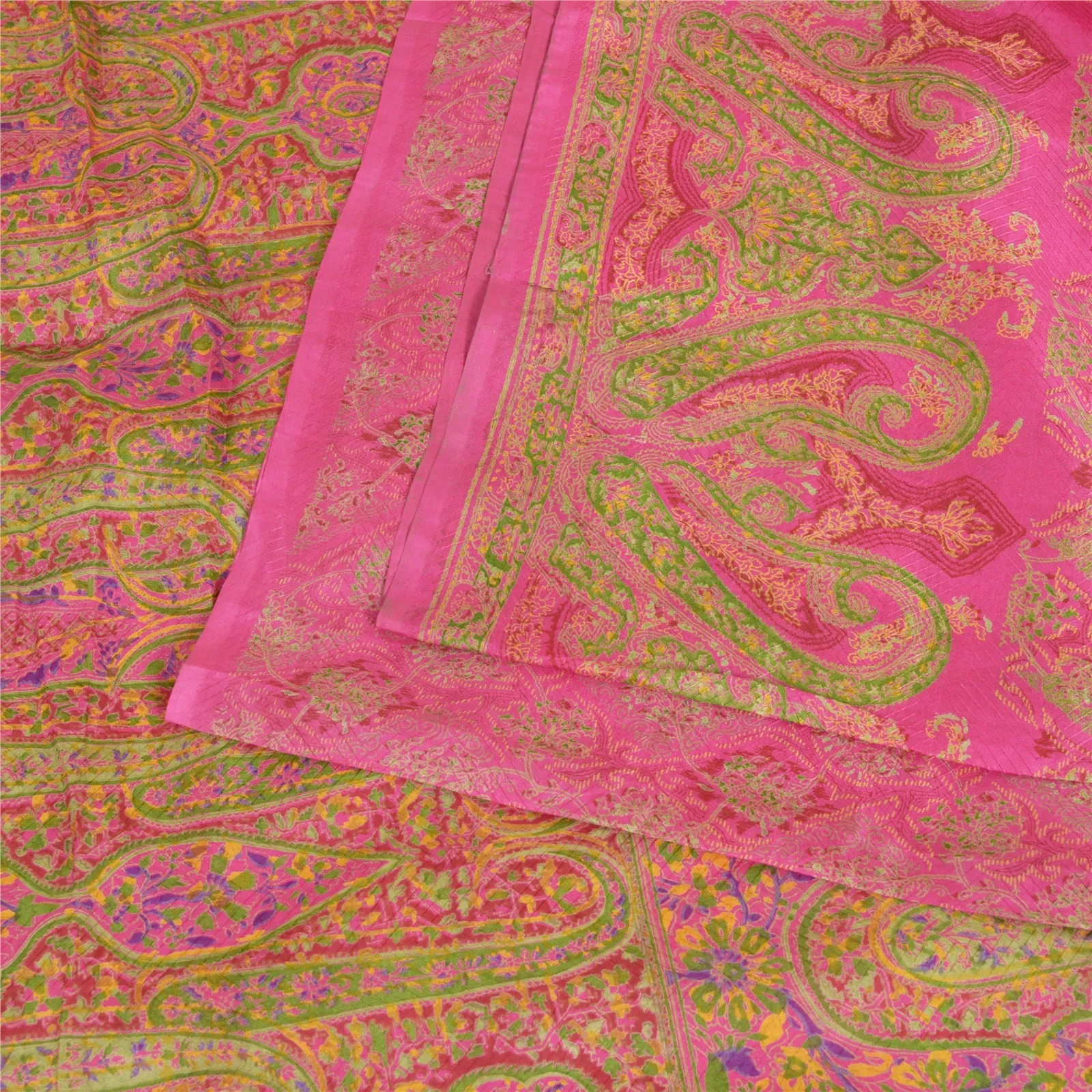 Sanskriti Vintage Sarees Pink 100% Pure Silk Printed Sari Soft 5yd Craft Fabric