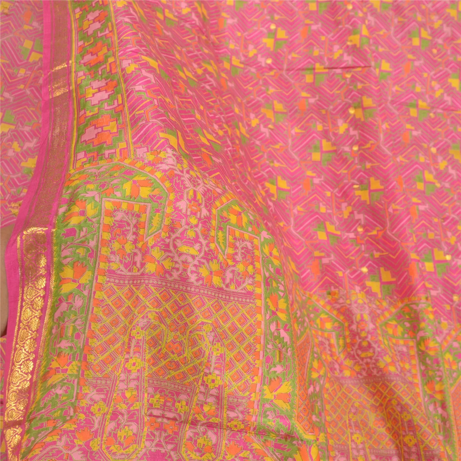 Sanskriti Vintage Sarees Pink Zari Border Printed Pure Silk Sari Craft Fabric